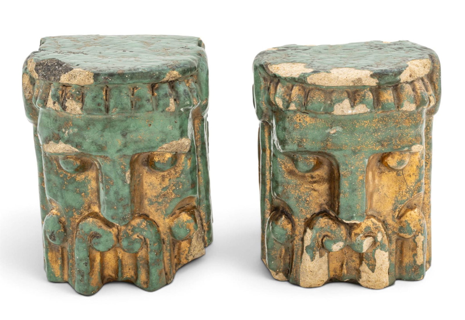 Pewabic Pottery (Detroit, Est. 1903) Iridescent Glazed Earthenware Babylonian Masks 1920, H 7" W 5" (1 of 4)