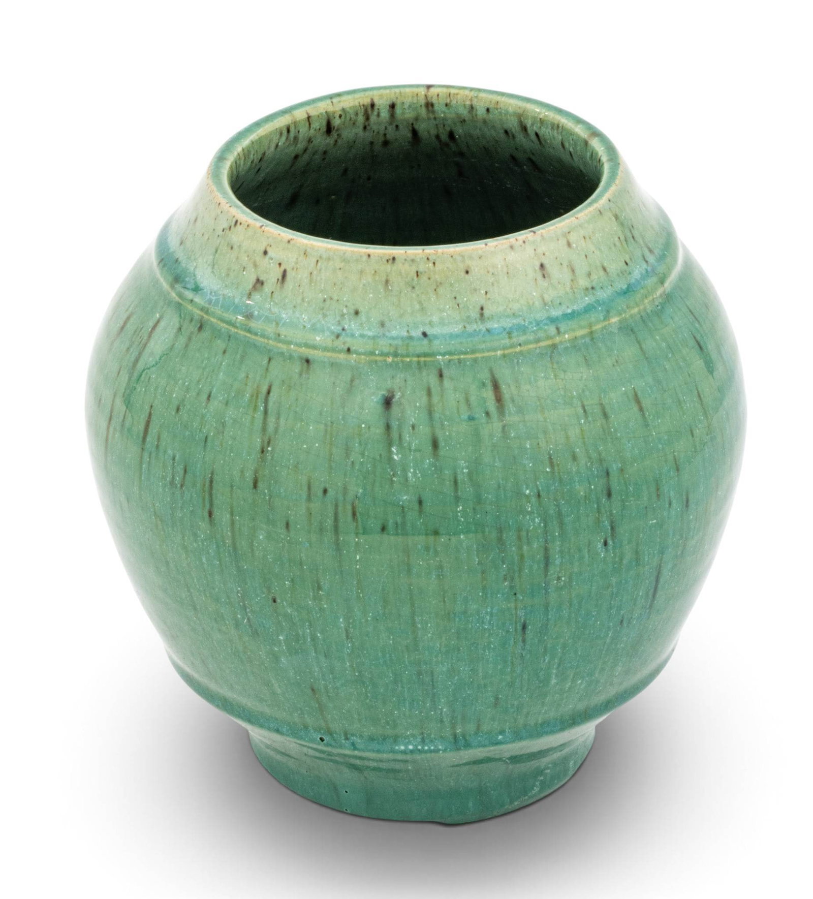 Pewabic Pottery (Detroit, Est. 1903) Glossy Glazed Earthenware Bulbous Vase 1950-1960, H 5.5" Dia.: Pewabic Pottery (Detroit, Est. 1903) Glossy Glazed Earthenware Bulbous Vase 1950-1960, H 5.5" Dia. 5.5" Bulbous body tapered at base and rim with horizontal raised bands. High gloss clear glaze over g