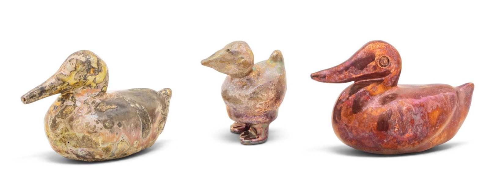 Ira and Ella Peters for Pewabic Pottery (Detroit, Est. 1903) Iridescent-glazed Earthenware Ducks, (1 of 6)