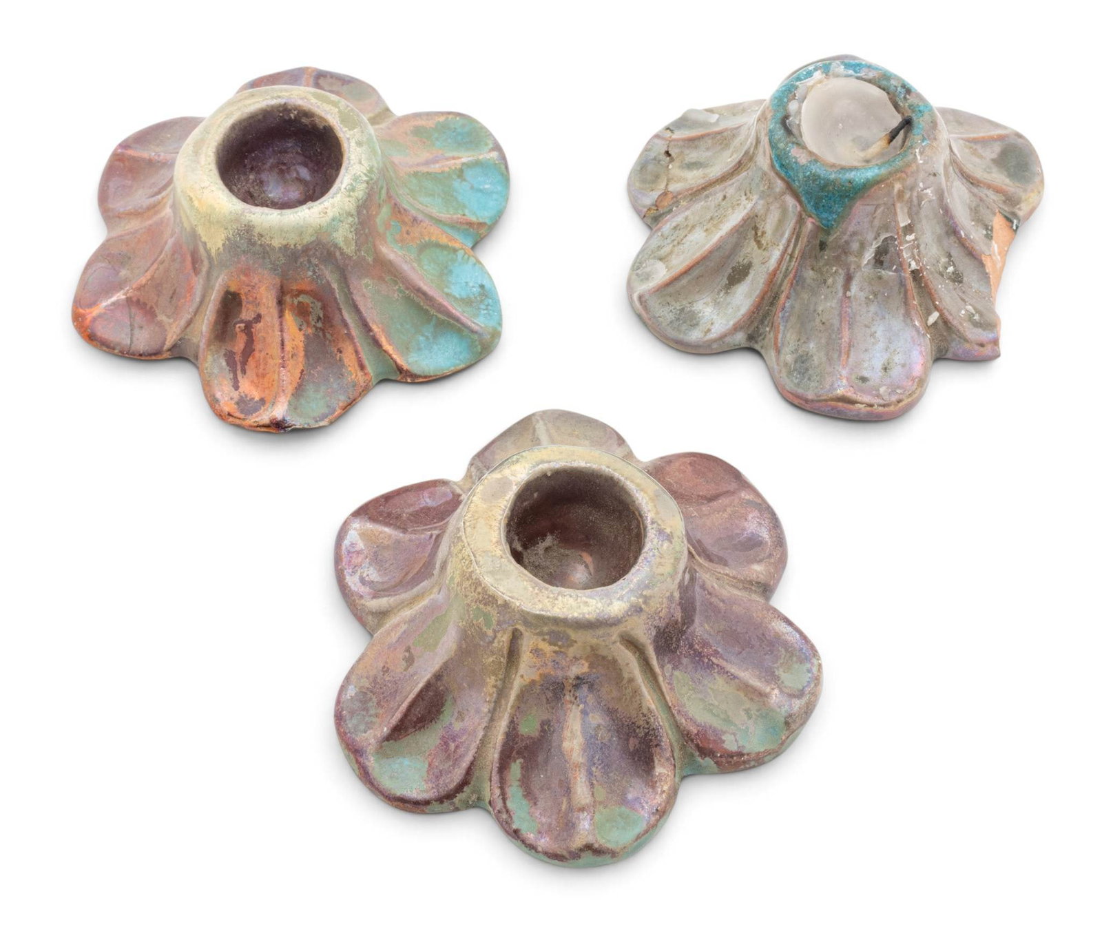 Ira and Ella Peters for Pewabic Pottery (Detroit, Est. 1903) Iridescent Scalloped Candle Holders, (1 of 9)