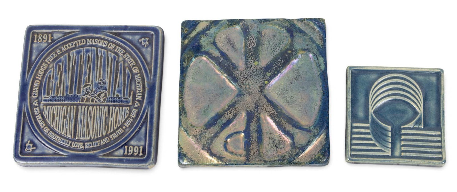 Pewabic Pottery (Detroit, Est. 1903) Blue Glazed Tiles 20th C., 3 PCS (1 of 5)