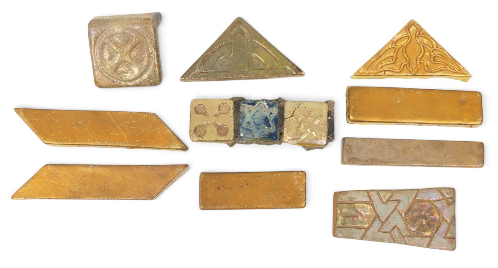 Pewabic Pottery (Detroit, Est. 1903) Gold Pottery Tiles, Ca. 20th C., 10 PCS (1 of 2)