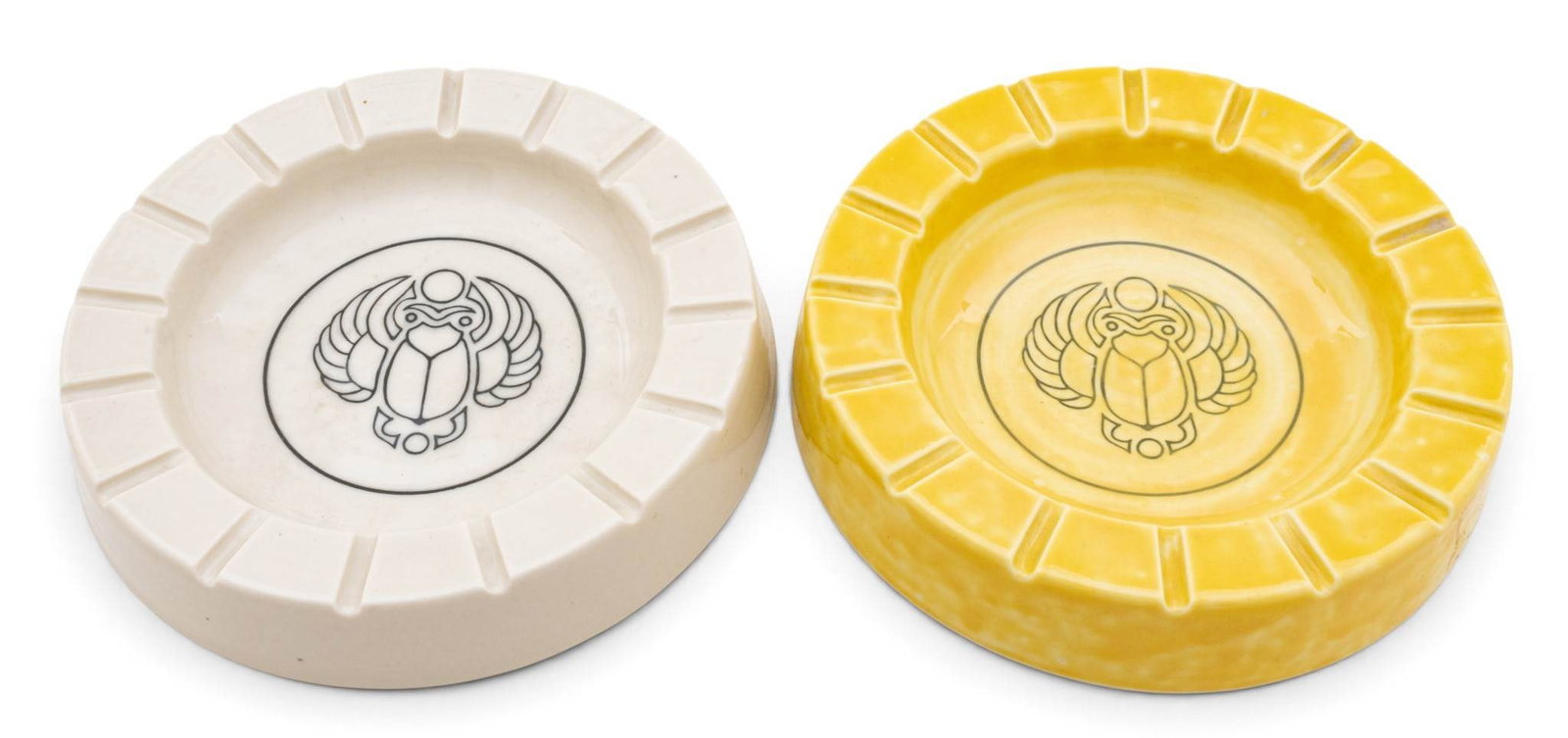 Foster Ceramics Scarab Club Ashtrays 1958, H 1.5" Dia. 8" 2 PCS: Foster Ceramics Scarab Club Ashtrays 1958, H 1.5" Dia. 8" 2 PCS One ivory and one yellow scarab club, Detroit ashtrays, signed Foster Ceramics, '58. Provenance: Property from the personal collection o
