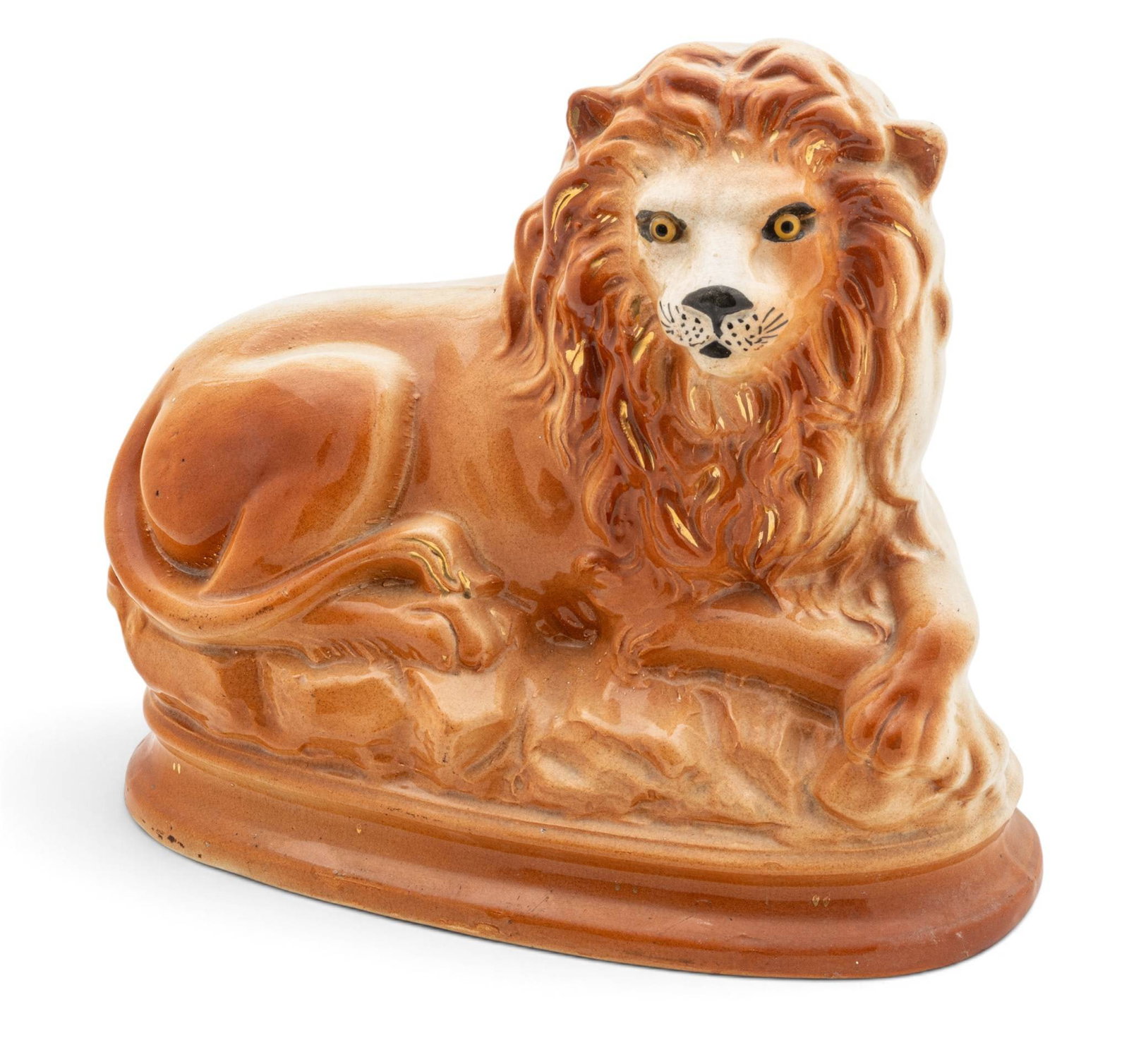 English Staffordshire Earthenware Recumbent Lion, Ca. 1900, H 9.75" W 5" L 10.5" (1 of 6)