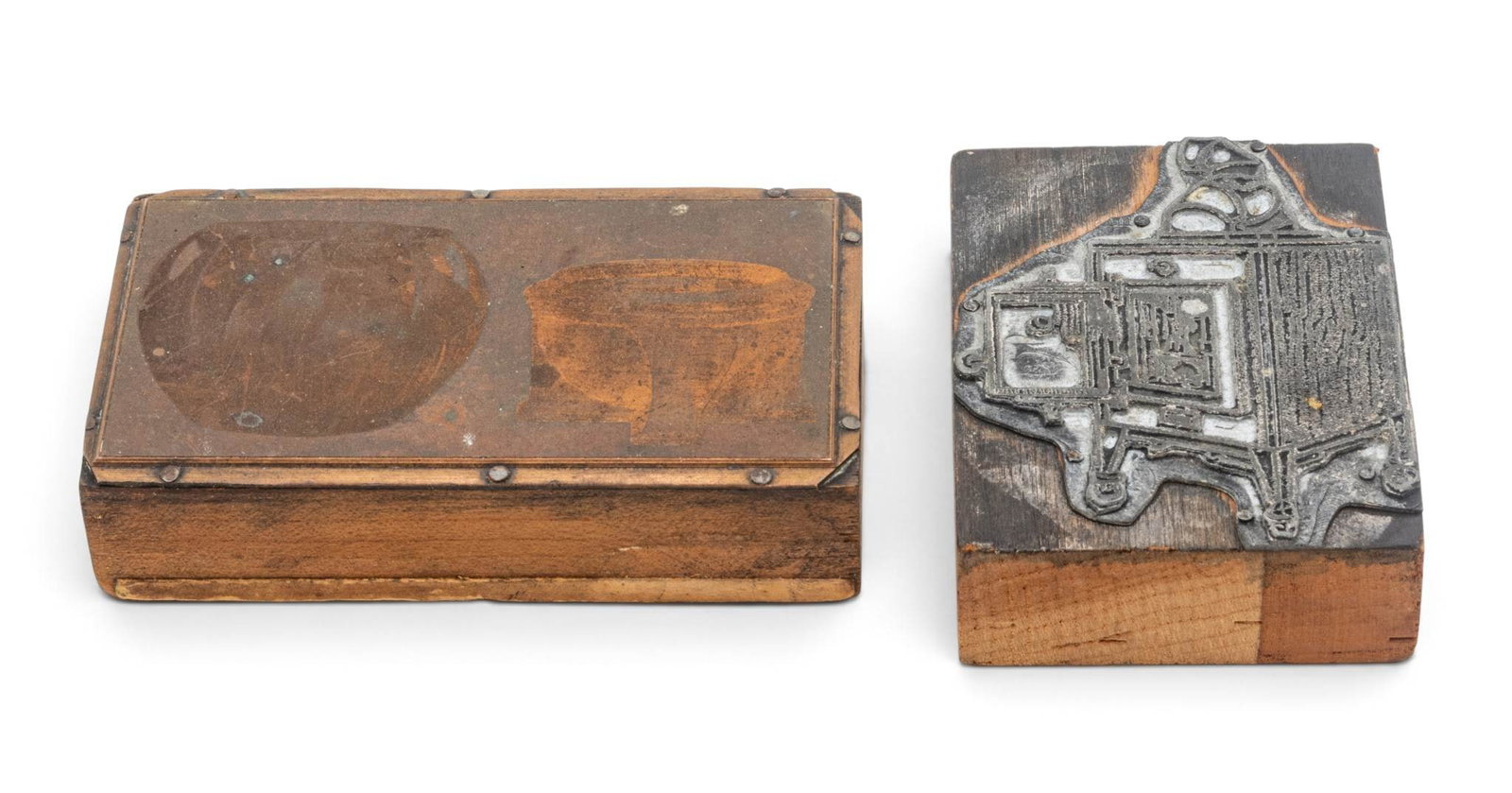 Revelation Kiln Company (American, Est. 1888) Metal and Copper Letterpress Printing Blocks, Ca.: Revelation Kiln Company (American, Est. 1888) Metal and Copper Letterpress Printing Blocks, Ca. 1900, 2 PCS Consisting of a metal printing plate on wood block of a Revelation Kiln and a copper plate o