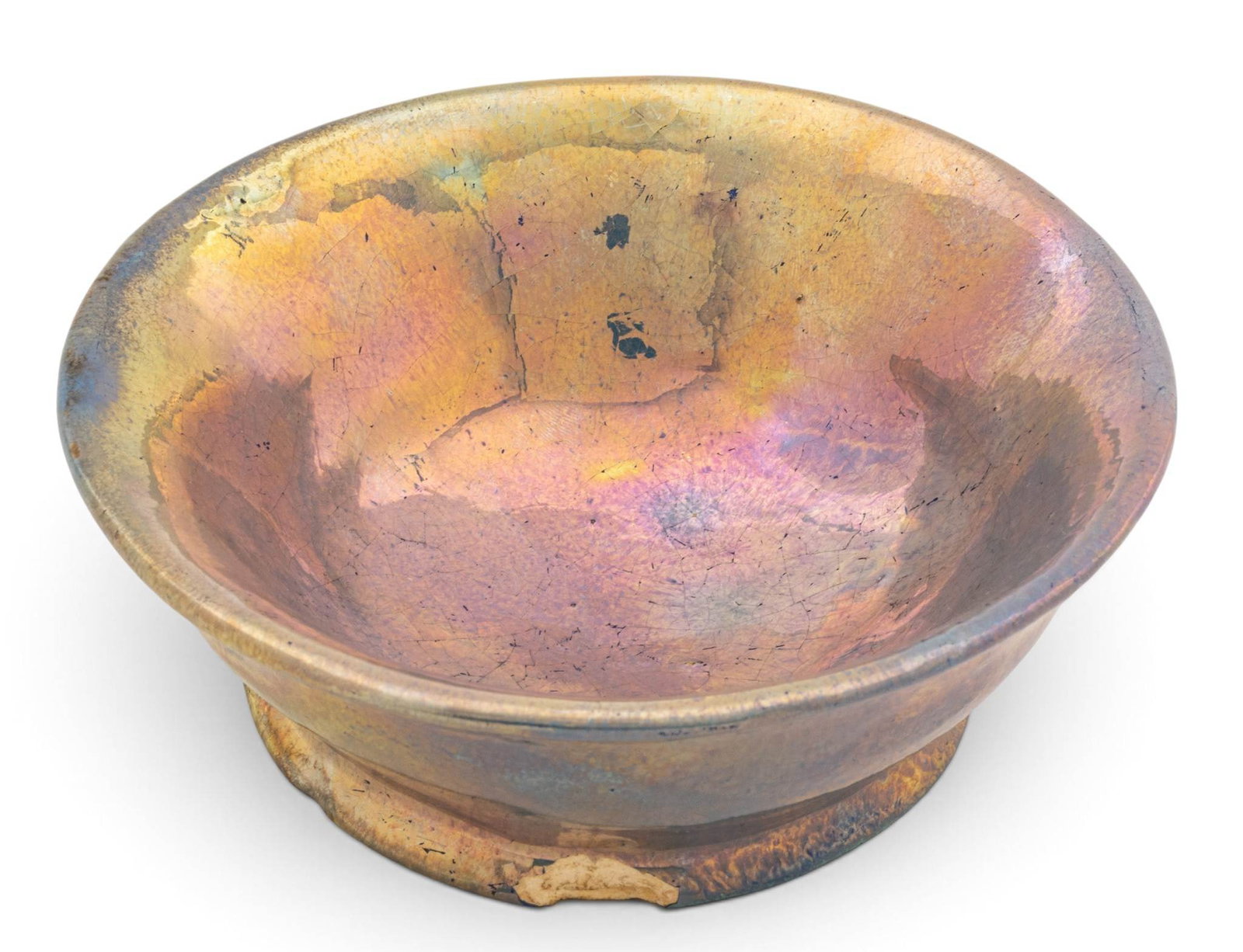 Mary Chase Perry F Iridescent Glazed Earthenware Bowl 1915-1930, H 2" Dia. 5.25": Mary Chase Perry F Iridescent Glazed Earthenware Bowl 1915-1930, H 2" Dia. 5.25" Iridescent copper and silver oxide glaze over Pewabic blue glaze with reduction on white clay body. Incised under the g