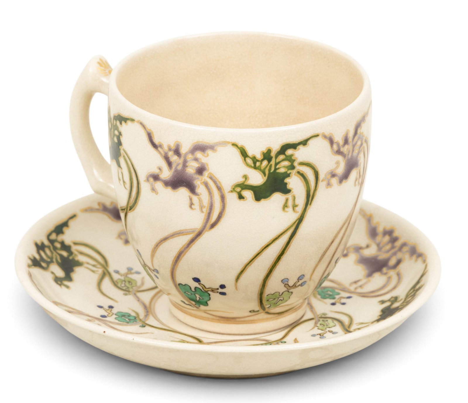 Shuzan 秀山 Satsuma Glazed Earthenware Cup and Underplate 1900-1912, H 3.25" Dia. 5.75" (1 of 7)