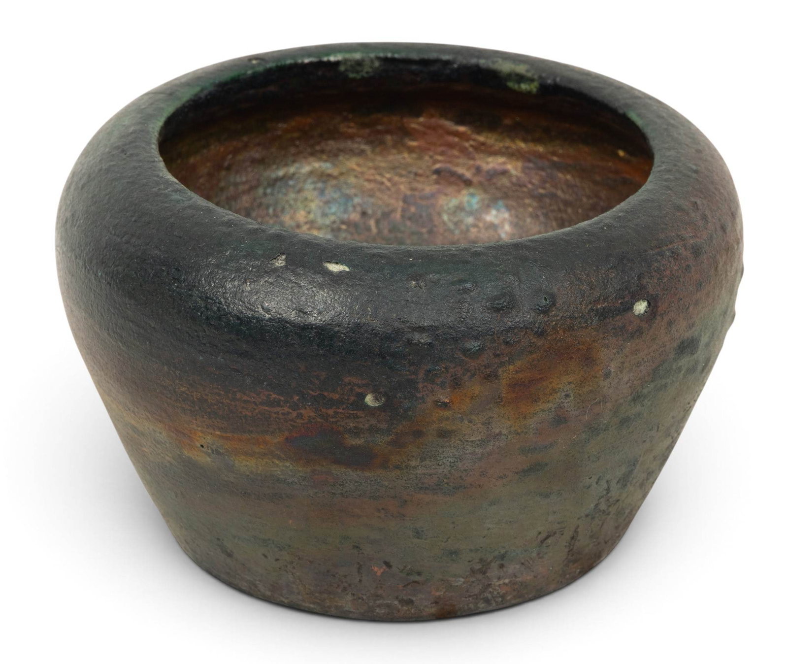 American Mid-Century Modern Raku Art Pottery Bowl 1950, H 2.5" Dia. 4.25": American Mid-Century Modern Raku Art Pottery Bowl 1950, H 2.5" Dia. 4.25" Initialed and dated on the underside "R K 50". Provenance: Property from the personal collection of Thomas W. Brunk, Indian Vi