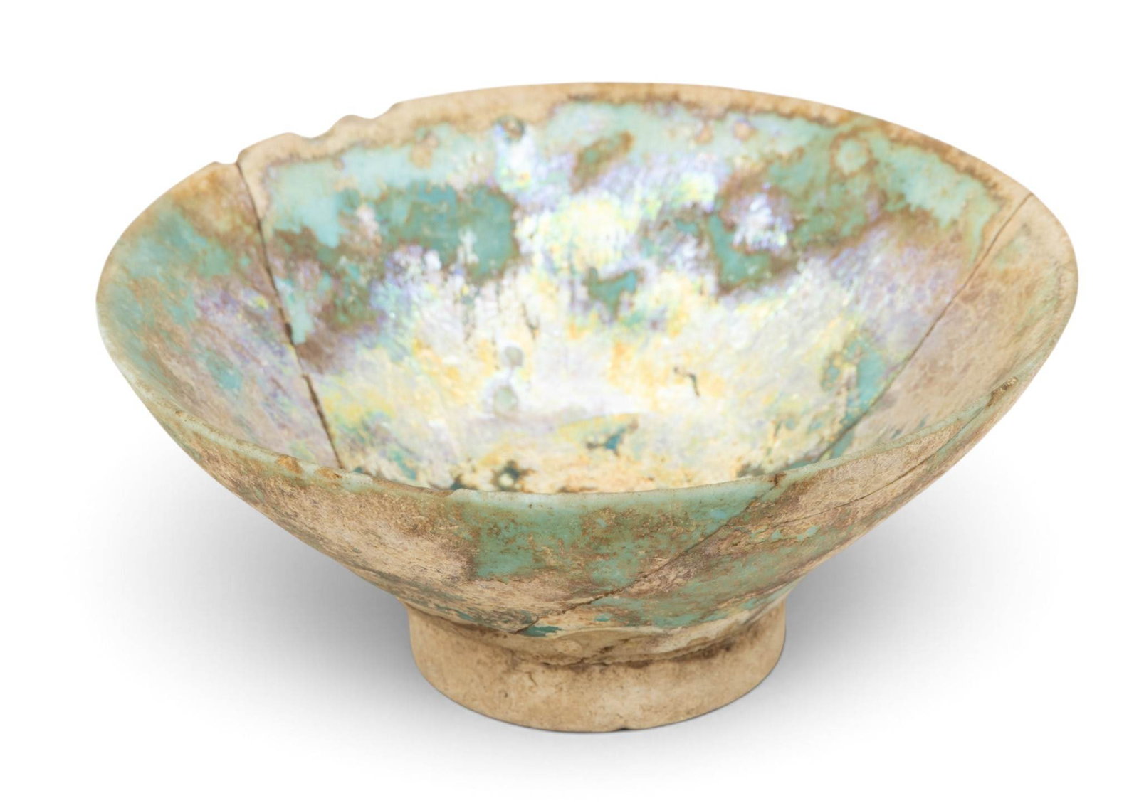 Persian Islamic Medieval Period Iridescent Turquoise Glazed Earthenware Conical Form Bowl 12th -13th: Persian Islamic Medieval Period Iridescent Turquoise Glazed Earthenware Conical Form Bowl 12th -13th C., H 2" Dia. 4.75" Of conical form on an unglazed foot. Interior having iridescent turquoise