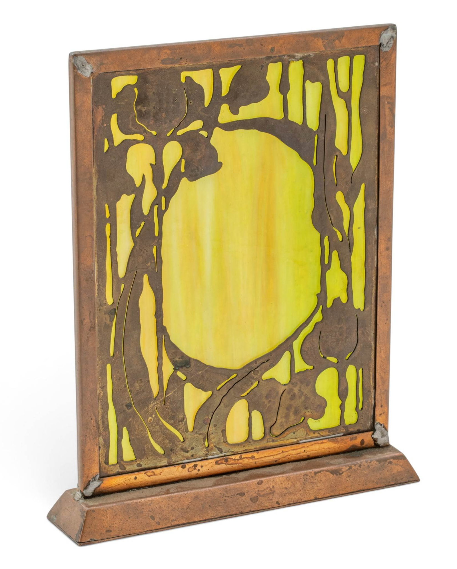 Arts and Crafts Art Glass Panel Set in a Copper Frame. 20th C., H 9.5" W 7": Arts and Crafts Art Glass Panel Set in a Copper Frame. 20th C., H 9.5" W 7" Green glass with rose highlighted slag glass pane behind an hand made and etched copper design of flowering stems and leaves