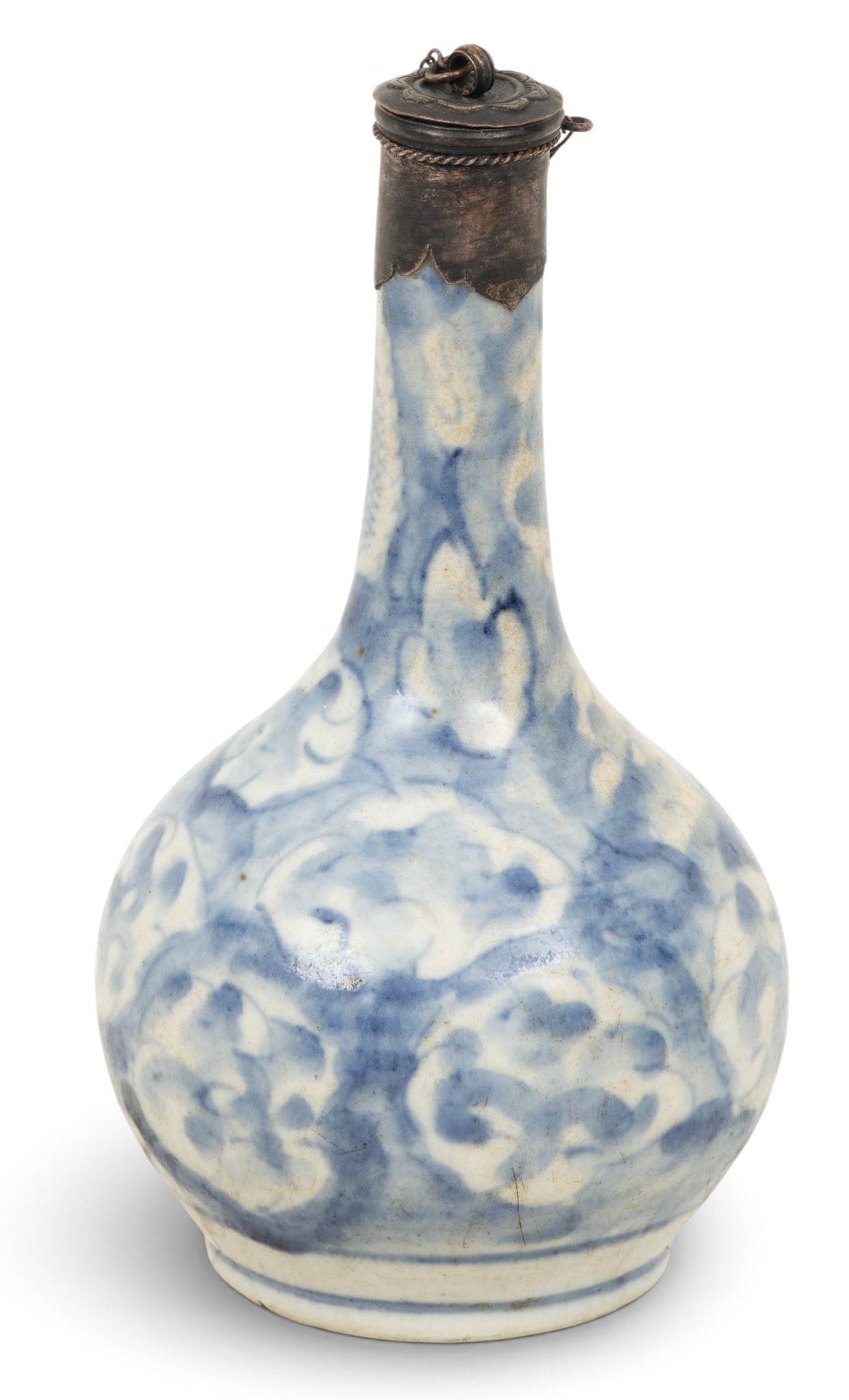 Chinese Blue on White Porcelain Bottle Vase with Metal Cover 18th/19th C., H 6.5" Dia. 3.5": Chinese Blue on White Porcelain Bottle Vase with Metal Cover 18th/19th C., H 6.5" Dia. 3.5" having cloud like design with abstract figures and phoenix bird. Chain attached lid to rim assembly. Unmarke