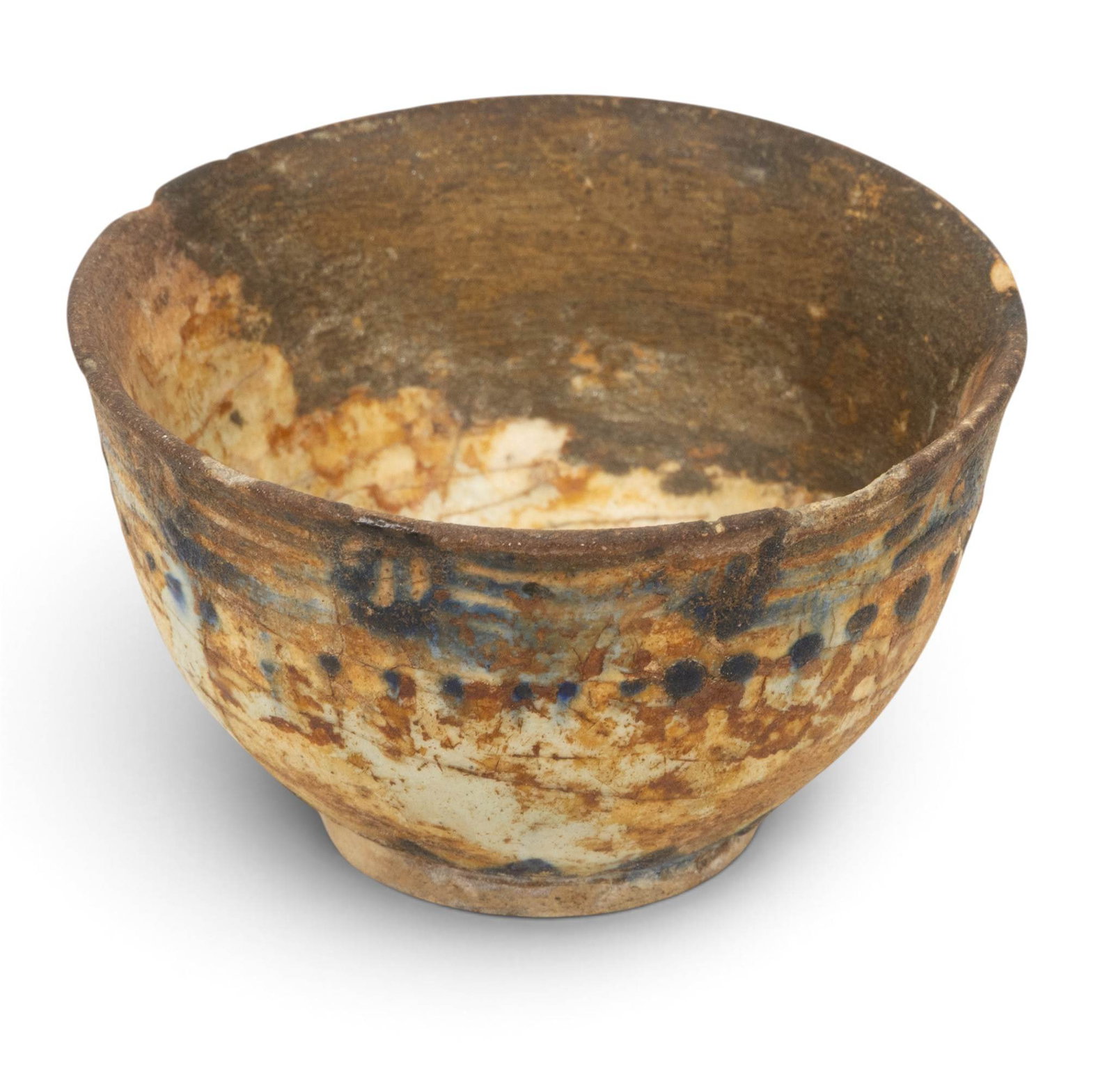 Japanese Glazed Earthenware Tea Bowl H 1.5" Dia. 2.5": Japanese Glazed Earthenware Tea Bowl H 1.5" Dia. 2.5" Having a crackled cream to tan glaze with calligraphic underglaze blue decoration. Provenance: Property from the personal collection of