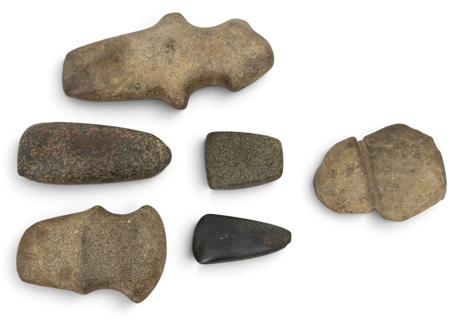 Native American Prehistoric Carved Stone Axes and Celts 6 PCS: Native American Prehistoric Carved Stone Axes and Celts 6 PCS Includes: 4 axes (one barbed) and two scrapers. Provenance: Property from the personal collection of Thomas W. Brunk, Indian Village
