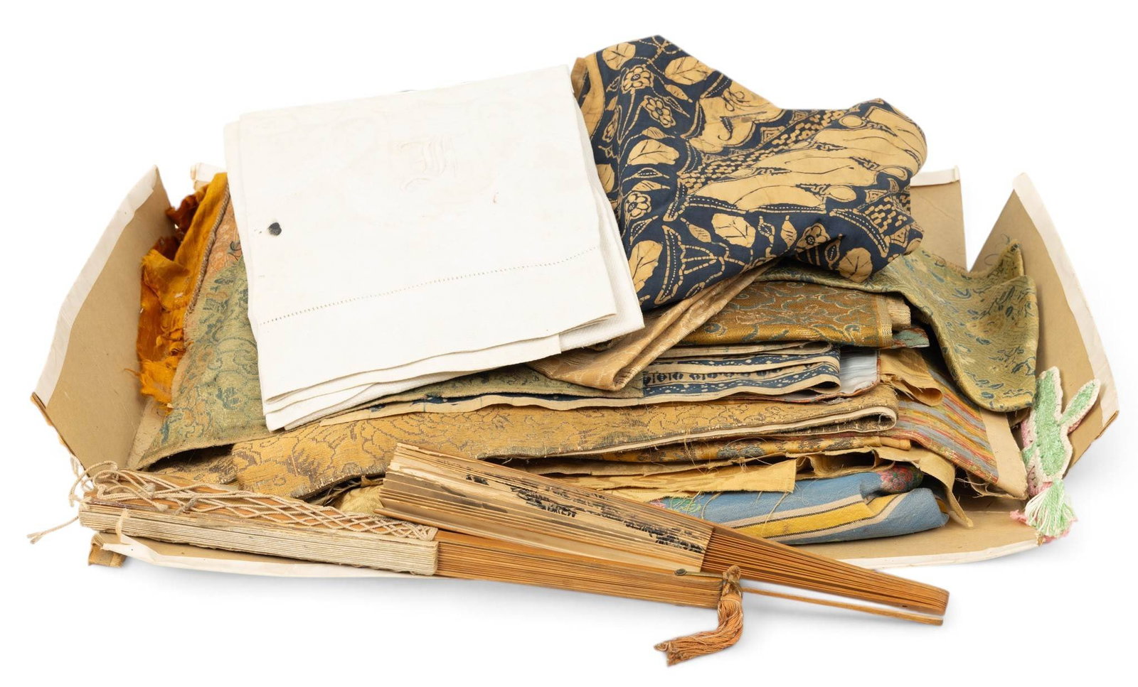 Textile Fragments and Fans, Ca. Early 20th C., Coll. of Charles Lang Freer: Textile Fragments and Fans, Ca. Early 20th C., Coll. of Charles Lang Freer Also includes two Japanese fans. Provenance: Property from the personal collection of Thomas W. Brunk, Indian Village, 