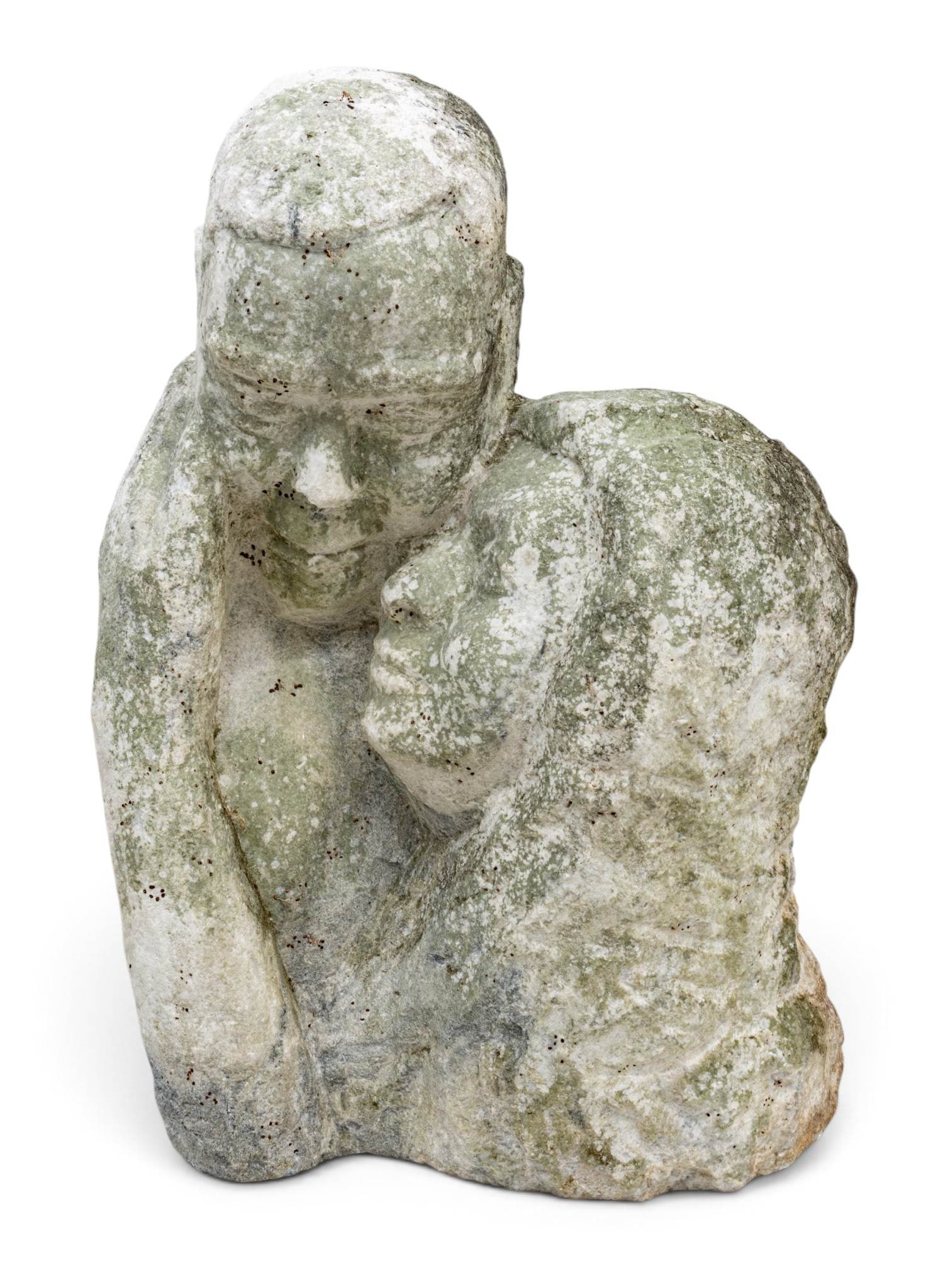 American Hand Carved Marble Garden Sculpture 20th C., 'Lovers', H 23" W 12" Depth 12": American Hand Carved Marble Garden Sculpture 20th C., 'Lovers', H 23" W 12" Depth 12" Full relief carved garden sculpture of lovers in an embrace. Unsigned. Provenance: Property from the persona