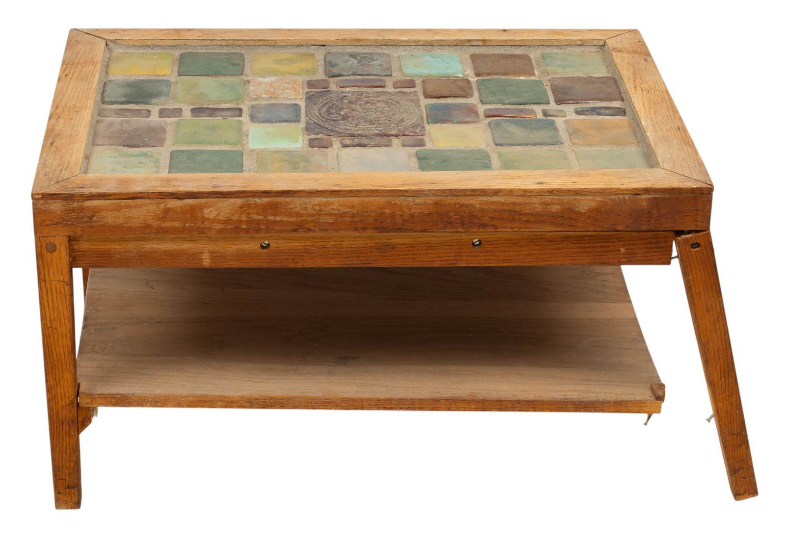 Pewabic Pottery (Detroit, Michigan) Mosaic Tile Topped Oak Table 20th Cent., H 18" W 23" L 33" (1 of 4)