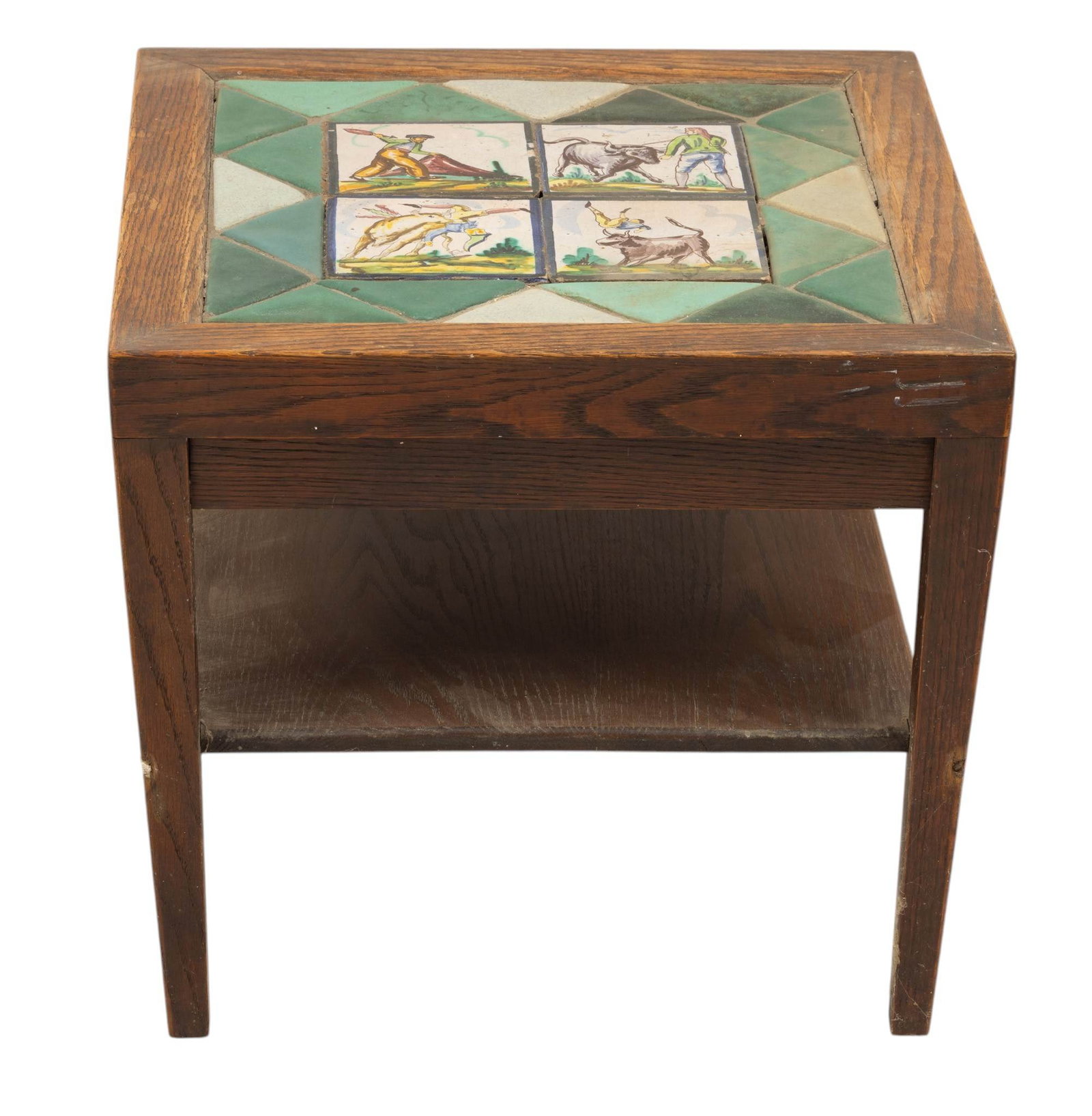 Pewabic Pottery and Spanish Tile Topped Table 20th Cent., H 18" W 20" L 20": Pewabic Pottery and Spanish Tile Topped Table 20th Cent., H 18" W 20" L 20" Having four 5" x %' Spanish tiles with triangular Pewabic Pottery border set into an oak table with wooden lower shelf. Prov