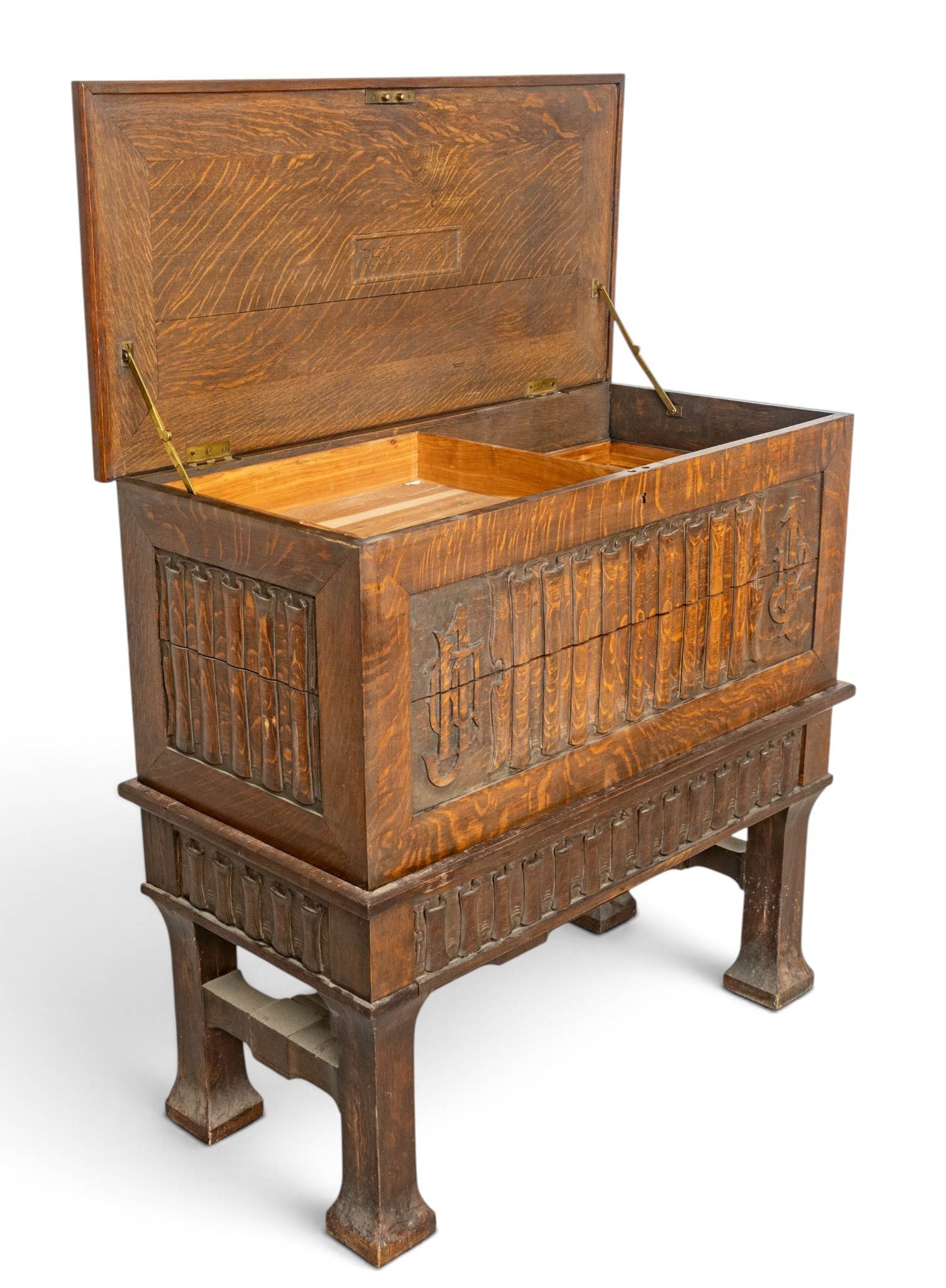American Carved Quarter Sawn Oak Linen-fold Pattern Chest on Stand, Ca. 1915, H 40.5" W 42" Depth (1 of 14)