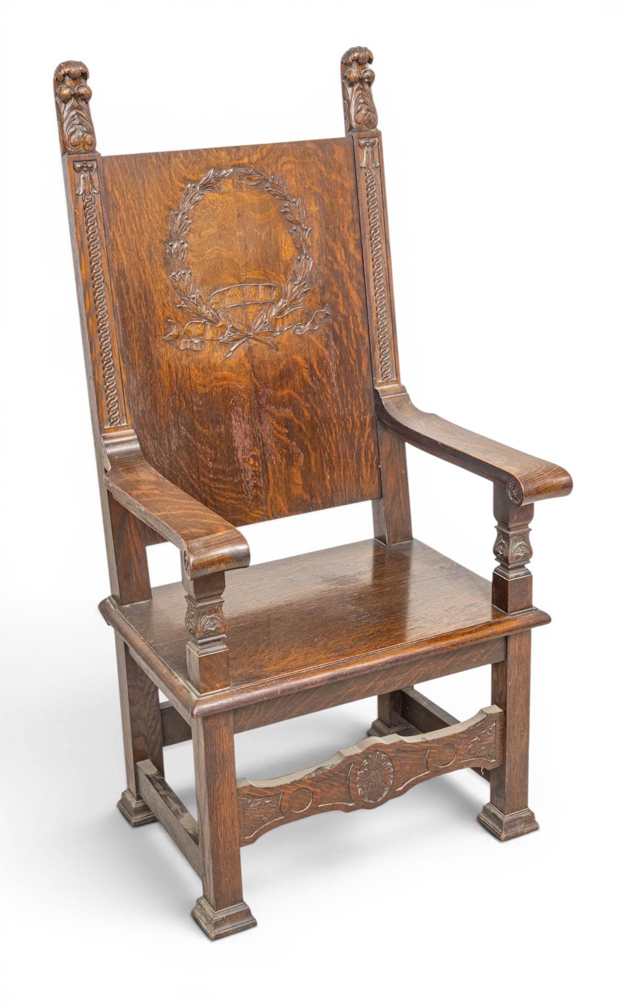 Tudor Style Carved Oak Open Armchair Coll. of Charles Lang Freer H 56.5" W 28" Depth 22" (1 of 7)
