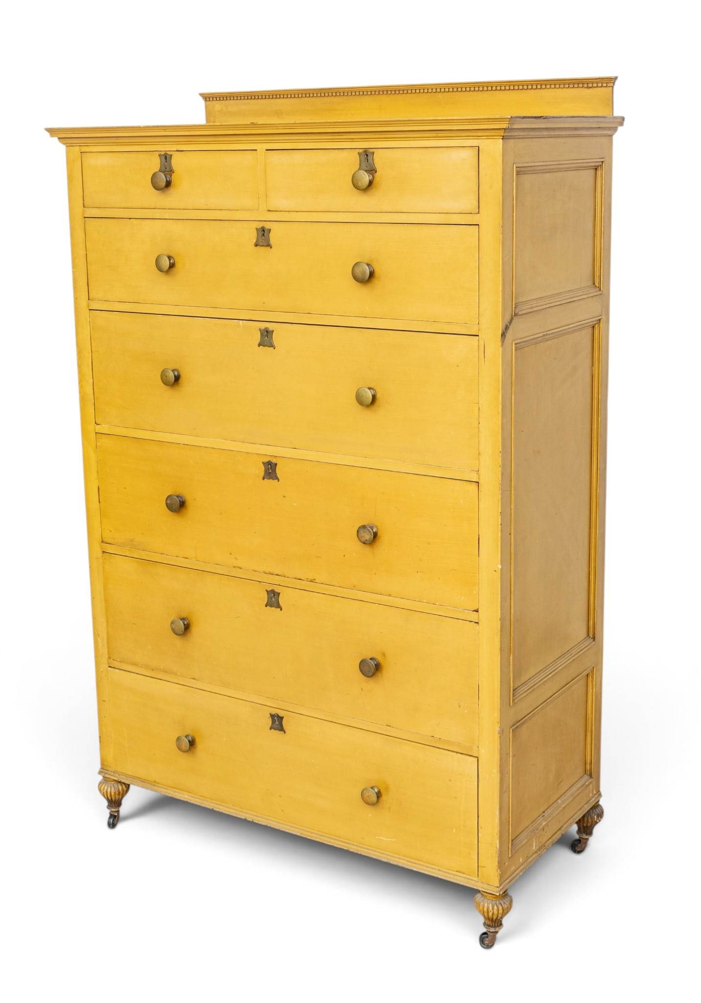 Painted Tall Chest of Drawers Early 20th C., Coll. of Charles Lang Freer H 62" W 42.5" Depth 20": Painted Tall Chest of Drawers Early 20th C., Coll. of Charles Lang Freer H 62" W 42.5" Depth 20" Having a two-over-five graduated drawer arrangement, raised on reeded acorn feet ending in castors.&nbs