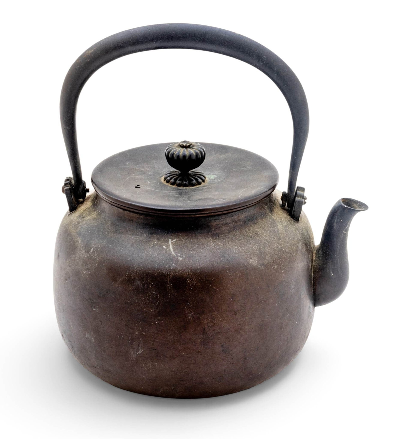 Ryubundo Foundry 龍文堂 Meiji Period Bronze Teapot with Cover, Ca. 1900, 'Coll. of: Ryubundo Foundry 龍文堂 Meiji Period Bronze Teapot with Cover, Ca. 1900, 'Coll. of Charles Lang Freer', H 5.25" W 5.5" Depth 6" Having a bale handle and a fluted finial. Signed on un