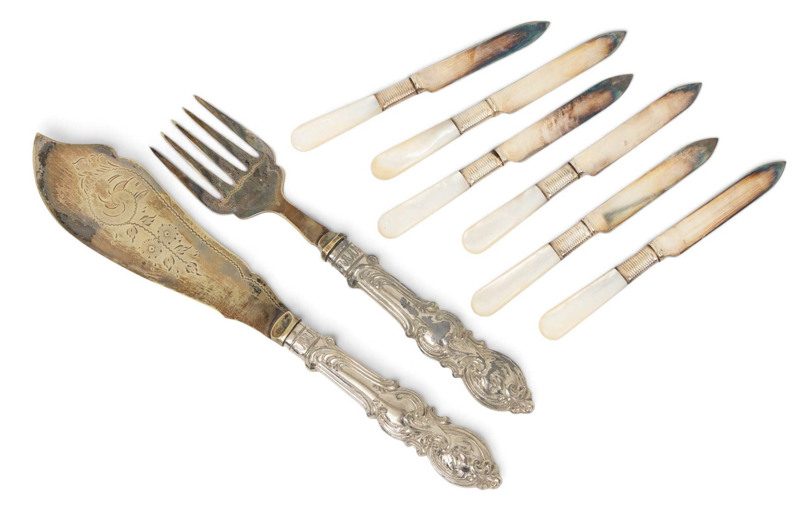Silverplate Carving Set and Mother of Pearl Handled Knives Early 20th C., Coll. of Charles Lang (1 of 6)