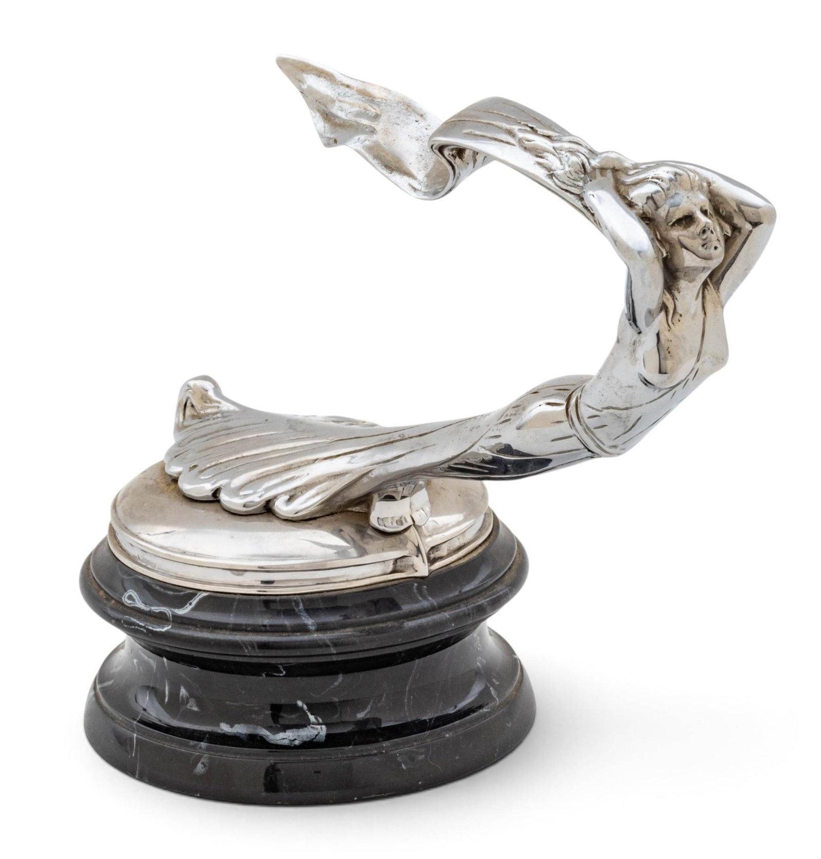 American Art Deco Chromed Automobile Mascot 1920-1940, 'Flying Lady', H 5" W 4" L 9" (1 of 6)