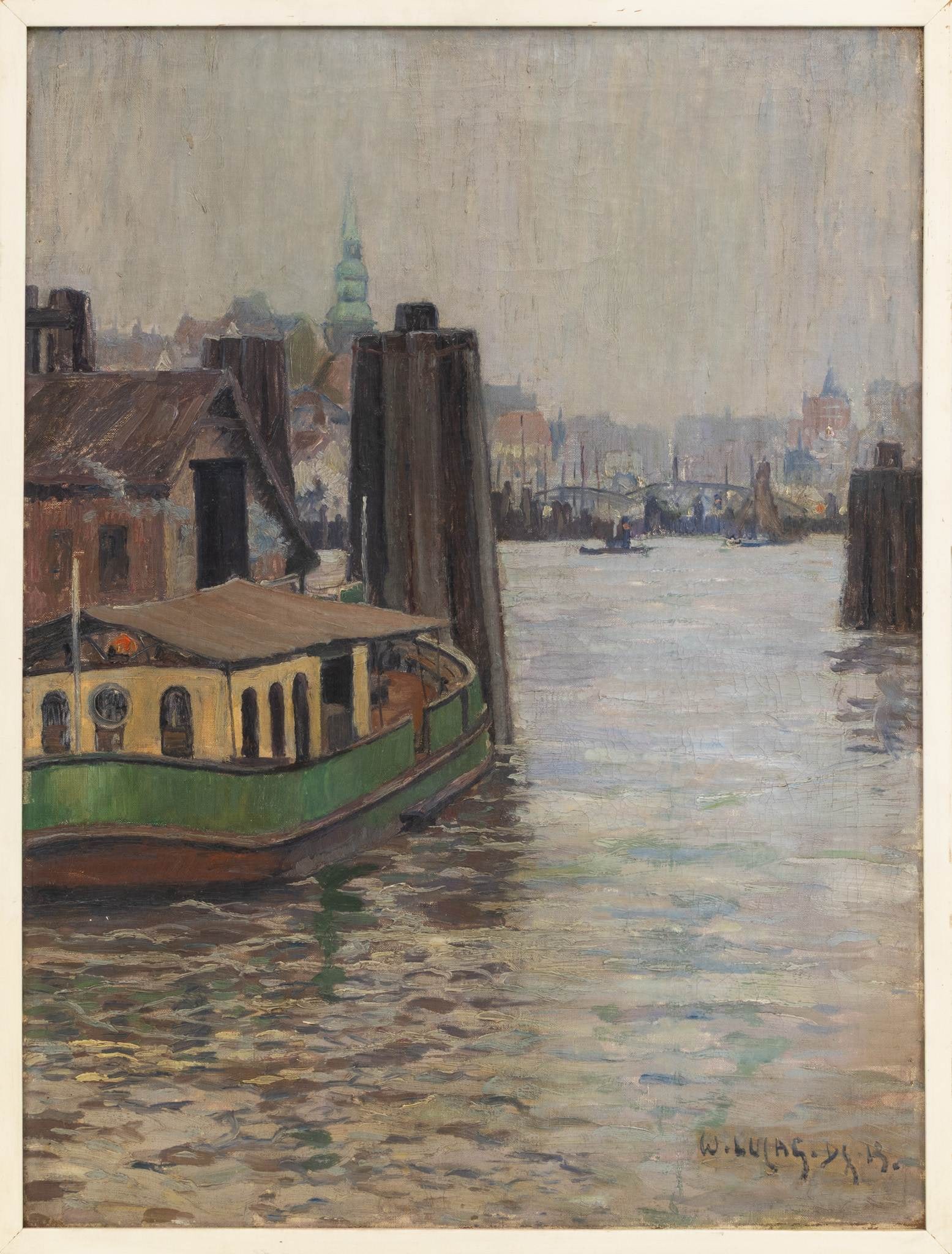 Wilhelm Lucas (German, 1884-1918) Oil on Canvas, 1913, 'View of Antwerp', H 31.75" W 24": Wilhelm Lucas (German, 1884-1918) Oil on Canvas, 1913, 'View of Antwerp', H 31.75" W 24" Signed and dated lower right. A view of the city of Antwerp as seen from the River Scheldt. In an impressionist