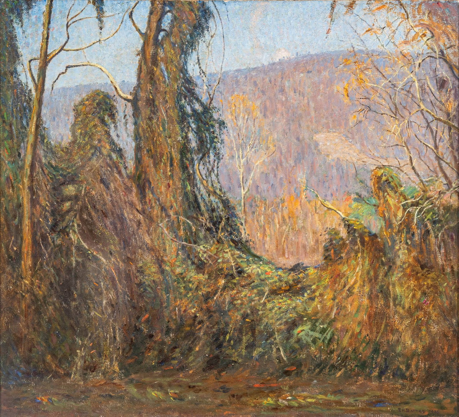 Ernest Harrison Barnes (American, 1873-1955) Oil on Canvas, 1925, 'Silent Places', H 36" W 40": Ernest Harrison Barnes (American, 1873-1955) Oil on Canvas, 1925, 'Silent Places', H 36" W 40" Signed and dated lower right. Titled on stretcher verso. An impressionist style forestscape with dense th
