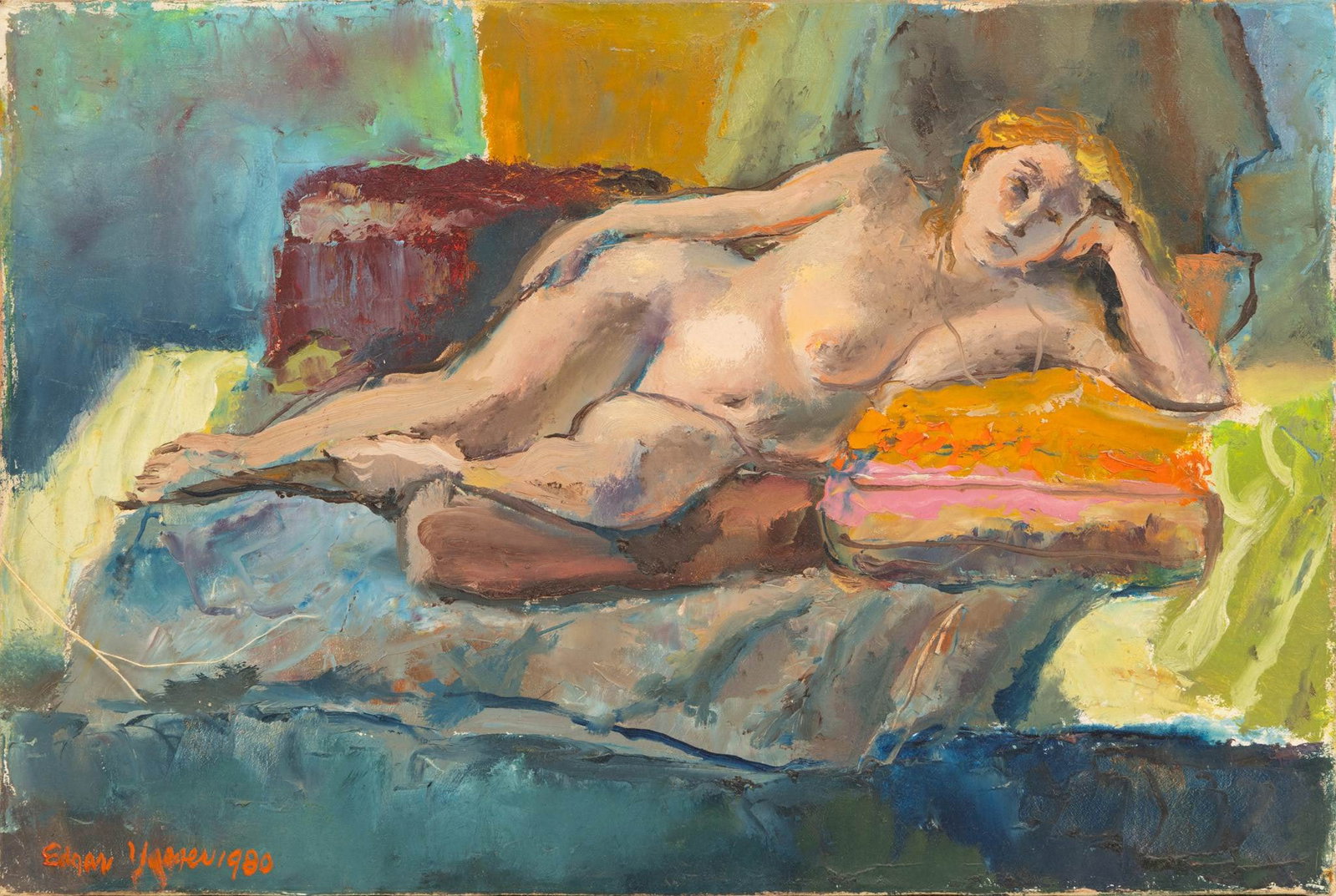 Edgar Louis Yaegar (American/Detroit, 1904-1997) Oil on Canvas, 1980, 'Reclining Female Nude', H: Edgar Louis Yaegar (American/Detroit, 1904-1997) Oil on Canvas, 1980, 'Reclining Female Nude', H 10.75" W 16.25" Signed and dated lower left. Depicting a blonde reclining nude female atop pillows. Str