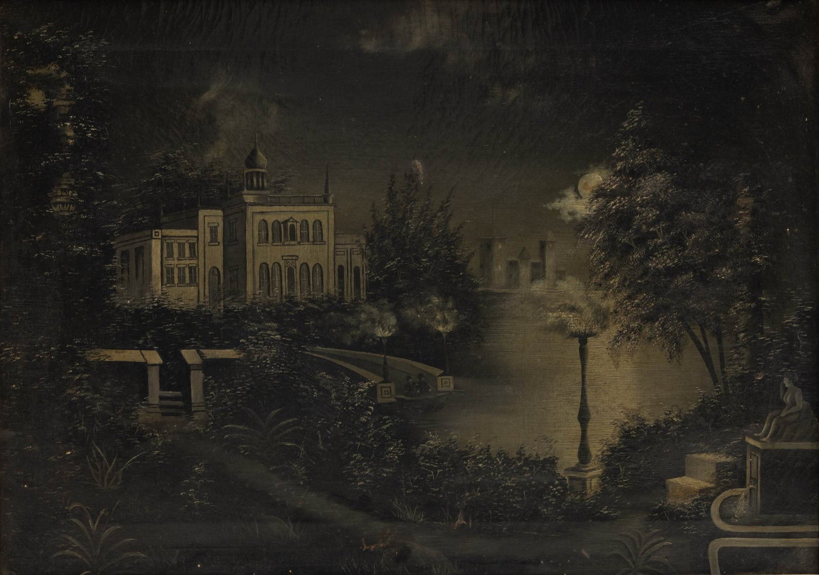 American En Grisaille Oil on Canvas, Ca. 1900, 'Lakeside Estate', H 18" W 26": American En Grisaille Oil on Canvas, Ca. 1900, 'Lakeside Estate', H 18" W 26" Unsigned. Nocturn scene of a stately manor surrounded by lush foliage on the banks of a lake. Two figures stand in rowboat