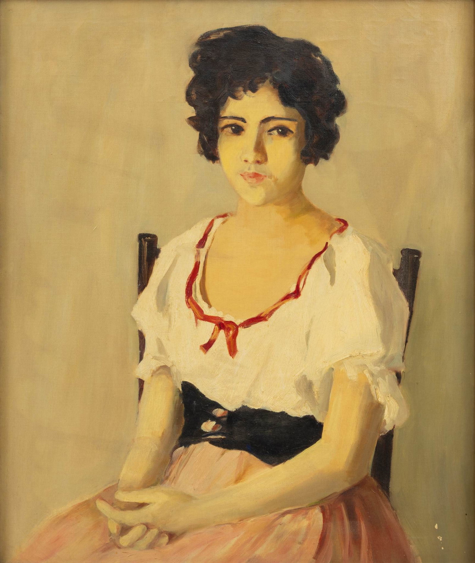 Italian Oil on Canvas, Ca. 1900, 'Portrait of a Young Lady', H 30" W 25" (1 of 4)
