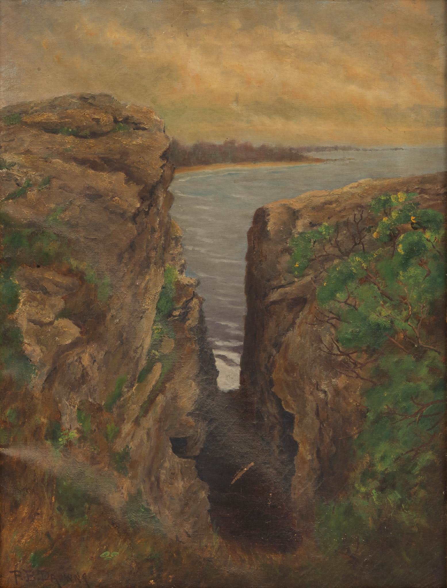 American Oil on Canvas, 1894, 'Purgatory Chasm, Rhode Island', H 21" W 16": American Oil on Canvas, 1894, 'Purgatory Chasm, Rhode Island', H 21" W 16" Illegibly signed lower left (P.B. Dr____). Inscribed and dated on canvas verso: Purgatory, Newport, RI, 1894. A view of the P