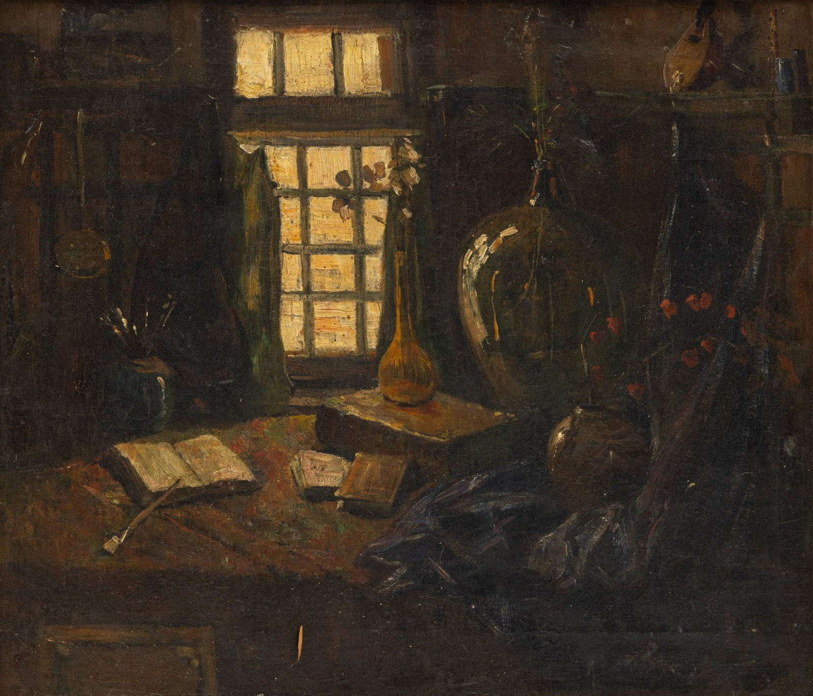 European Oil on Canvas, Ca. Early 20th C., 'Artist Studio', H 18.25" W 21.25": European Oil on Canvas, Ca. Early 20th C., 'Artist Studio', H 18.25" W 21.25" Unsigned. Sill life interior of an artist's studio with books, paint brushes, glass vases with flowers, a lute and flute, 