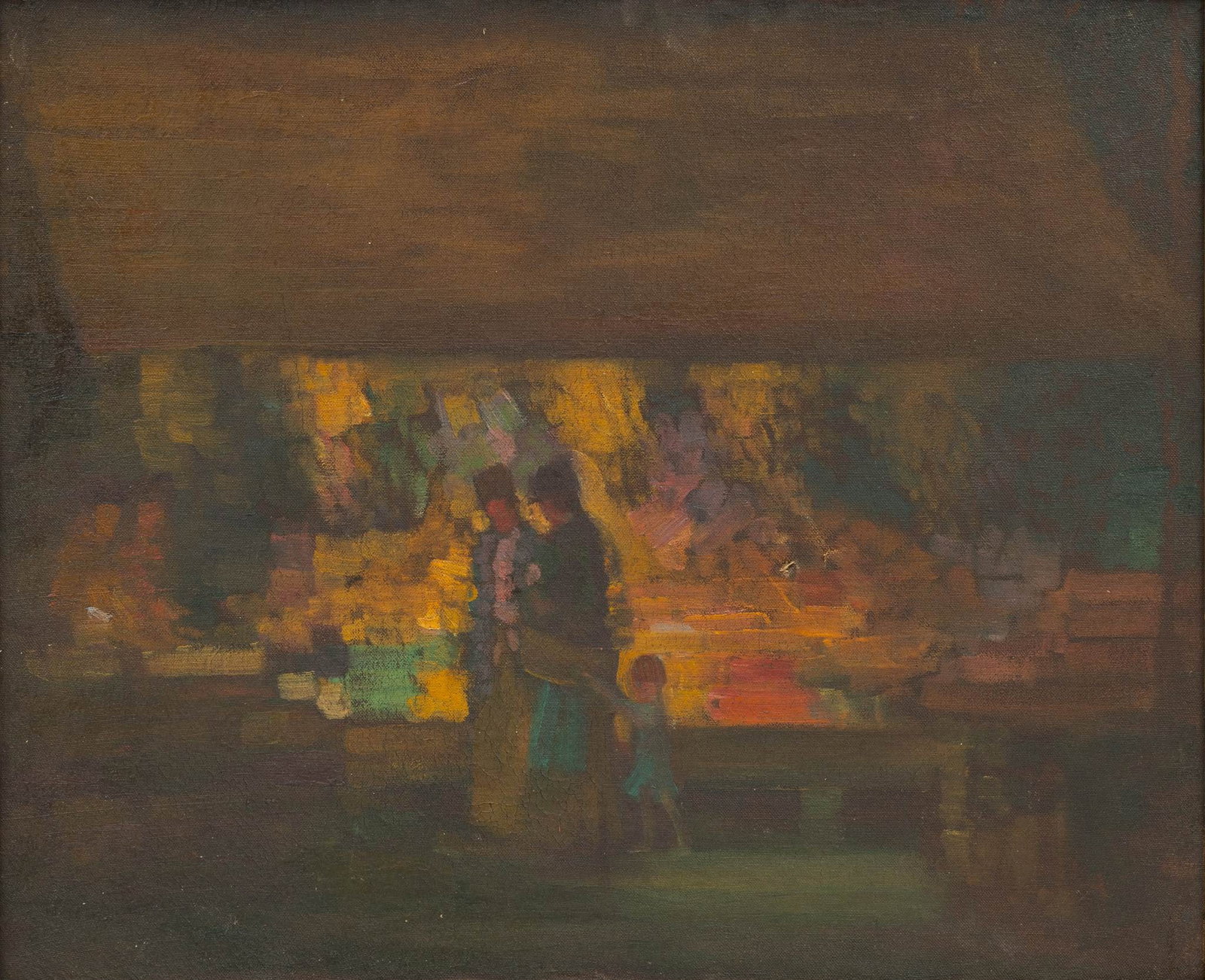 Roy Gamble (American, Michigan, 1887-1972) Oil on Canvas, Ca. 1910-11, 'Belgian Produce Market', H: Roy Gamble (American, Michigan, 1887-1972) Oil on Canvas, Ca. 1910-11, 'Belgian Produce Market', H 19.25" W 23.75" Signed verso. A study of two figures and a child browsing a market stall. Roy Gamble 