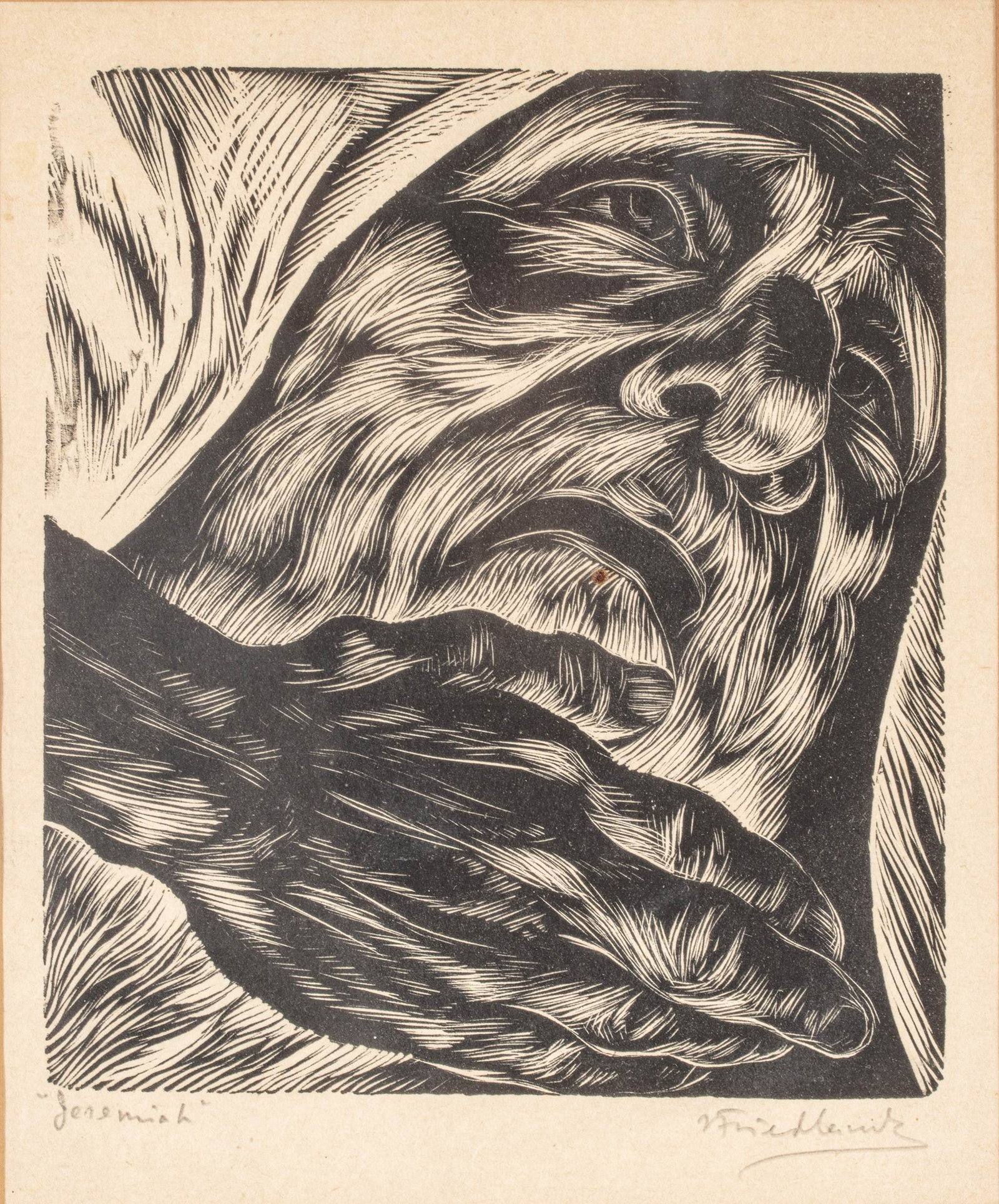 Isaac Friedlander (Latvian/American, 1890-1968) Woodblock Print on Laid Paper, Ca. 1940, 'Jeremiah',: Isaac Friedlander (Latvian/American, 1890-1968) Woodblock Print on Laid Paper, Ca. 1940, 'Jeremiah', H 6.75" W 5.875" Pencil signed lower right. Pencil titled lower left. Depiction of the biblical pro