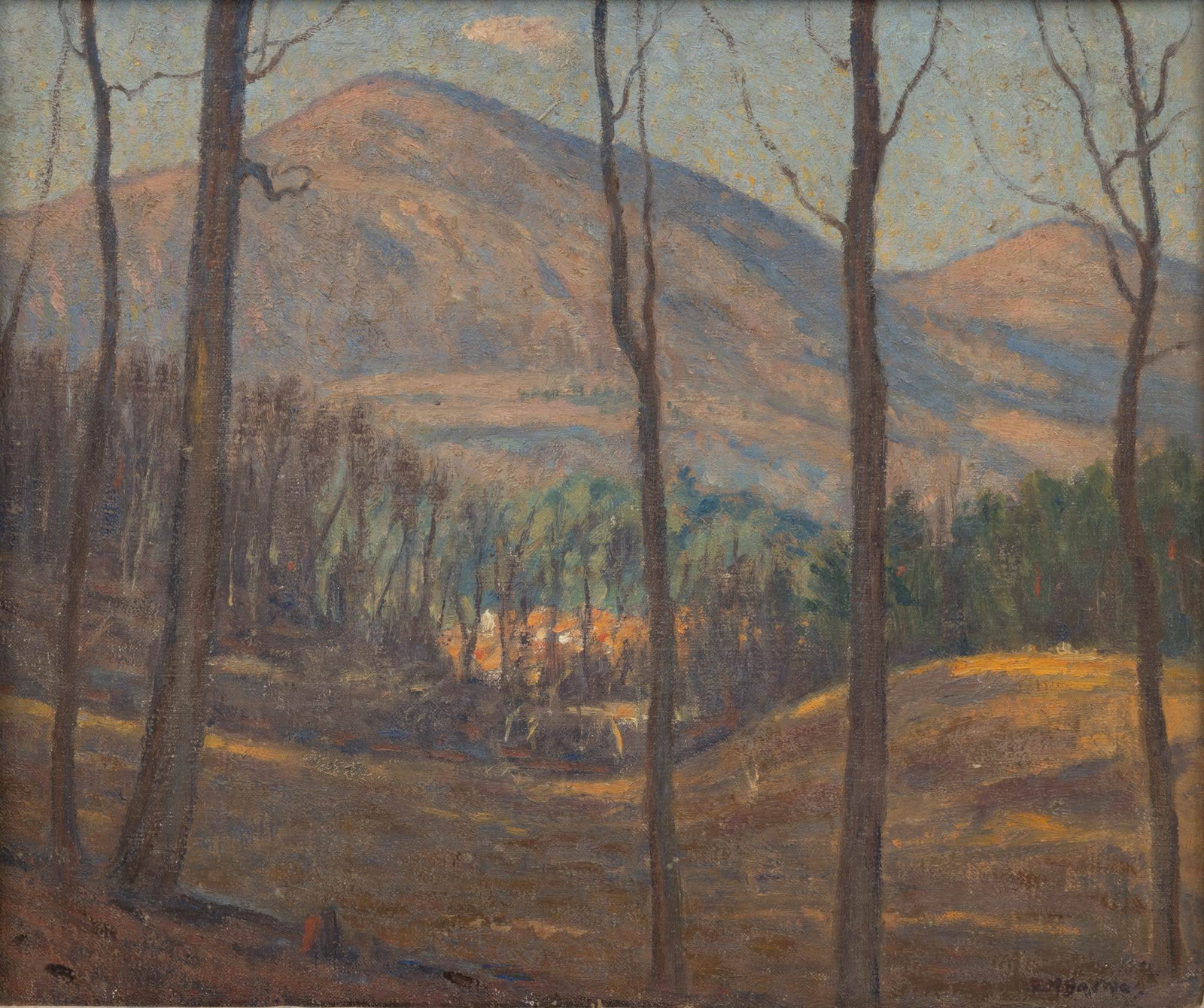 Ernest Harrison Barnes (American, 1873-1955) Oil on Canvas, Ca. 1920s, 'Golden Afternoon', H 15" W: Ernest Harrison Barnes (American, 1873-1955) Oil on Canvas, Ca. 1920s, 'Golden Afternoon', H 15" W 18" Signed lower right. Having a mountainous background with rolling hills and town nestled in the ce