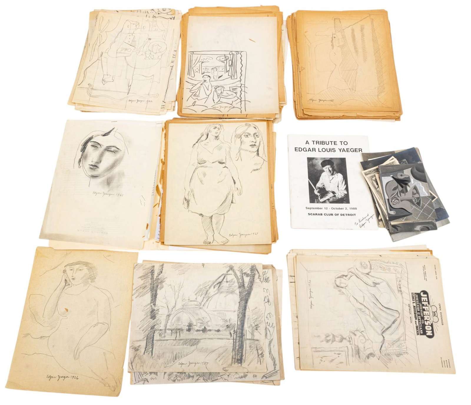 Edgar Louis Yaegar (American/Detroit, 1904-1997) Pencil Sketches on Paper 1925-1936, 'Impressionist, (1 of 6)