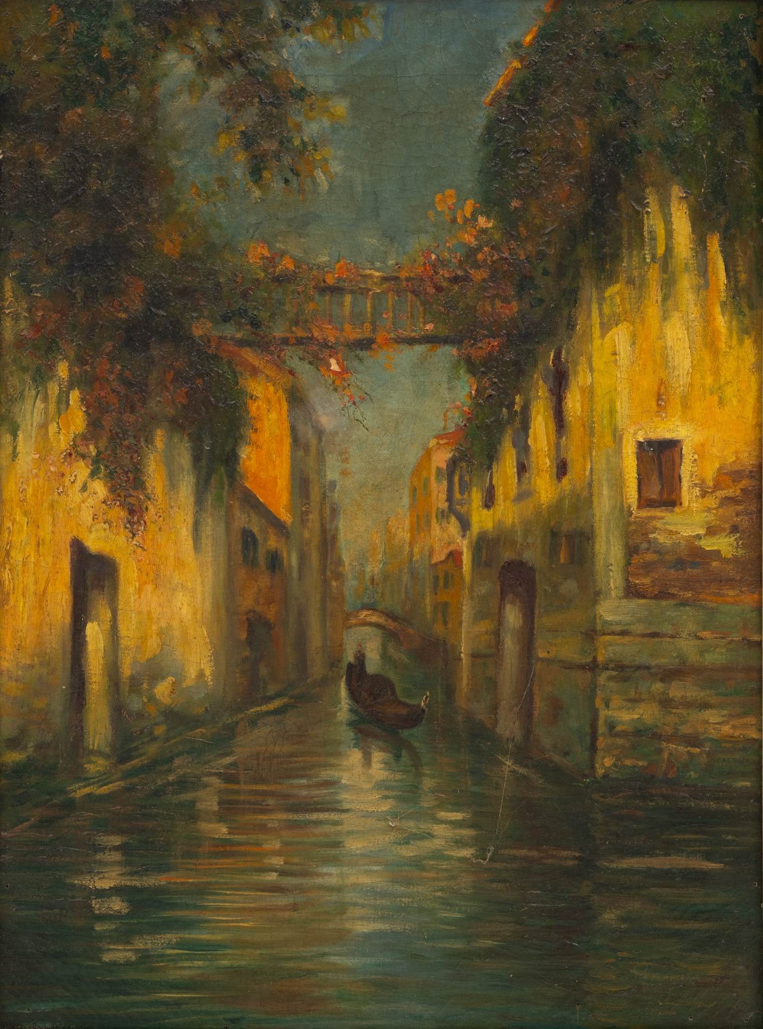 European Oil on Canvas, Ca. Mid 20th C., 'Venetian Canal Scene': European Oil on Canvas, Ca. Mid 20th C., 'Venetian Canal Scene' Unsigned. Label on the frame attributing the artist to Margaret Harbison Jefferies. Venetian canal scene with a gondola on the water sur