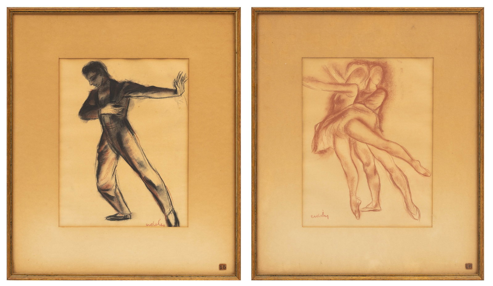 Francis De Erdely (Hungarian-American, 1904-1959) Pastel Sketches on Paper, Ca. 1942, 'Sir Anton: Francis De Erdely (Hungarian-American, 1904-1959) Pastel Sketches on Paper, Ca. 1942, 'Sir Anton Dolin and Irina Baronova, Léonide Massine', H 13" W 10" 2 PCS Two sketches on paper. The first bei