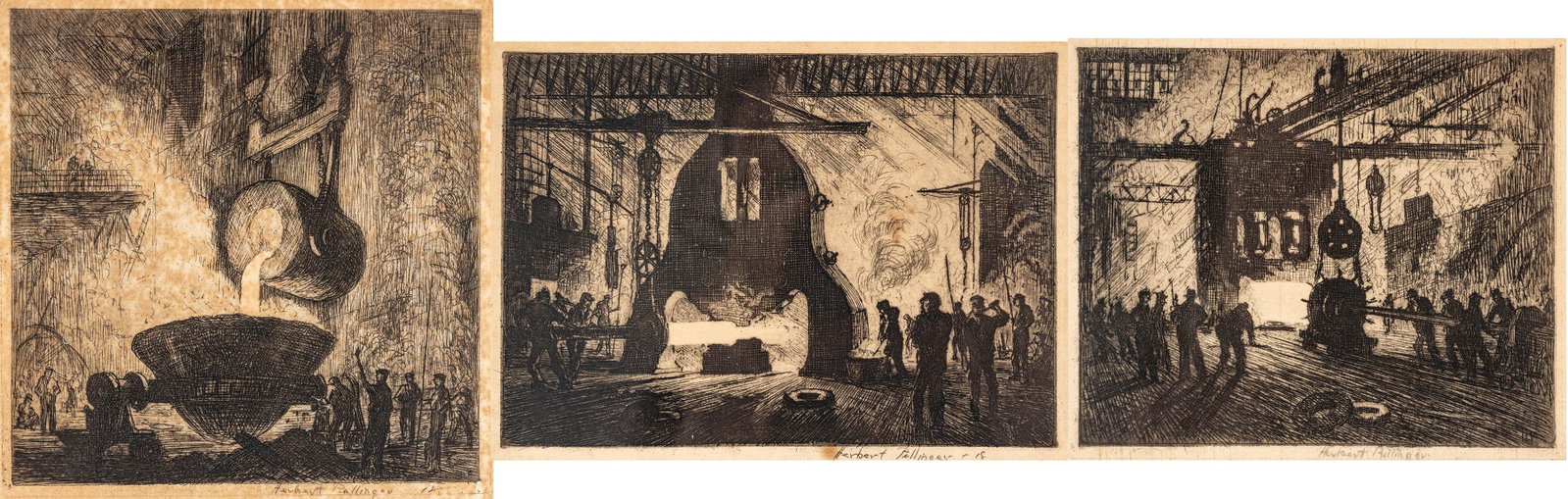 Herbert Pullinger (American, 1878-1961) Etchings on Paper 1918-19, 'The Big Hammer - Midvale; Molten: Herbert Pullinger (American, 1878-1961) Etchings on Paper 1918-19, 'The Big Hammer - Midvale; Molten Fall; Forging a Gun Jacket', 3 PCS Each signed in pencil and dated, with margins. Provenance:
