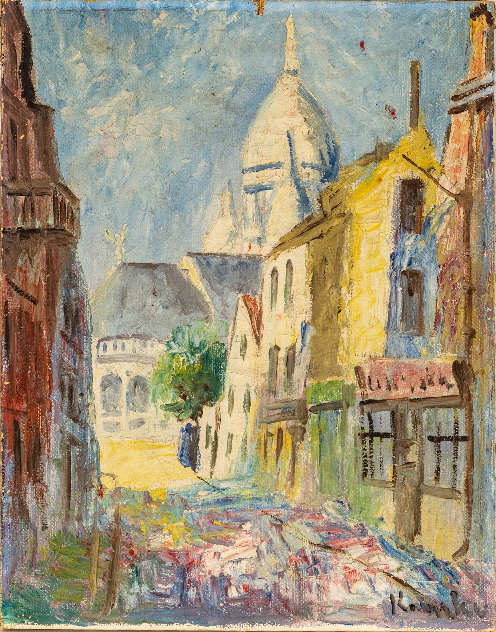 French Impressionist Oil on Canvas, Ca. 1950-1960, 'Dome of Sacré-Cœur', H 18" W 14": French Impressionist Oil on Canvas, Ca. 1950-1960, 'Dome of Sacré-Cœur', H 18" W 14" A street scene with a view of the dome of Sacré-Cœur. Signed lower right. Provenance: 