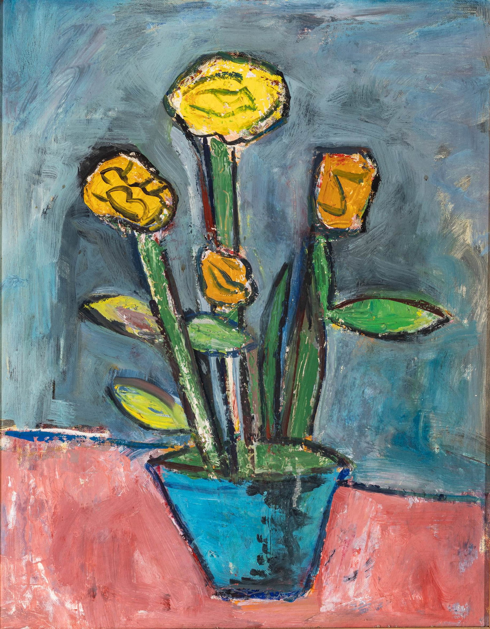 American Mid-century Modern Oil on Canvas Board 1950-1970, 'Yellow Tulips in a Blue Vase', H 20" W: American Mid-century Modern Oil on Canvas Board 1950-1970, 'Yellow Tulips in a Blue Vase', H 20" W 16" Unsigned. Painted on a Winsor + Newton Inc. canvas board. Frame c. 1960. Provenance: Proper