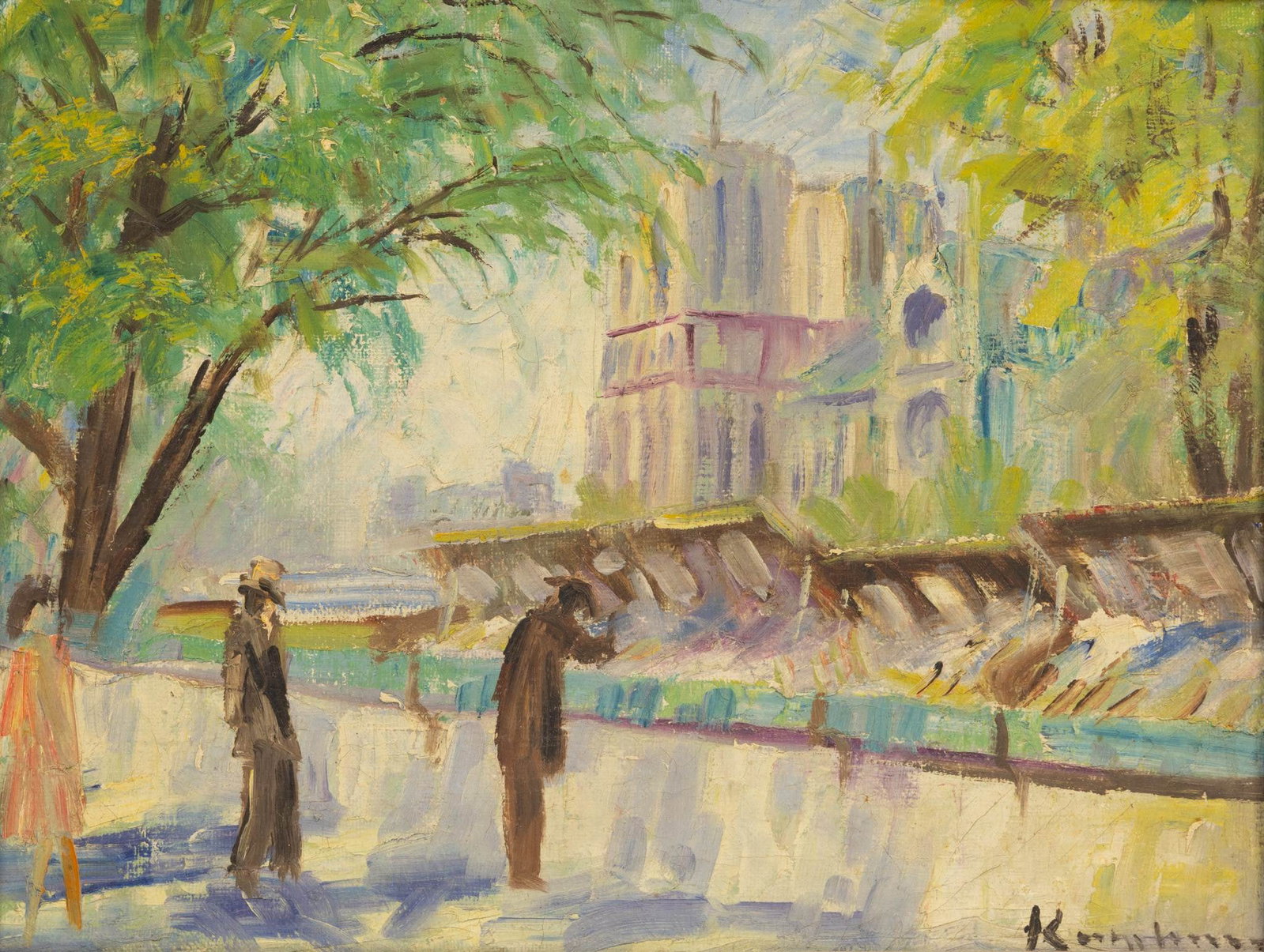 Jens Kongshammer (Danish, 1884-1974) Oil on Canvas, Mid 20th C., 'Bouquiniste Stalls on the Seine',: Jens Kongshammer (Danish, 1884-1974) Oil on Canvas, Mid 20th C., 'Bouquiniste Stalls on the Seine', H 14" W 14" Signed lower right. Depicting customers browsing books on the banks of the Seine River, 