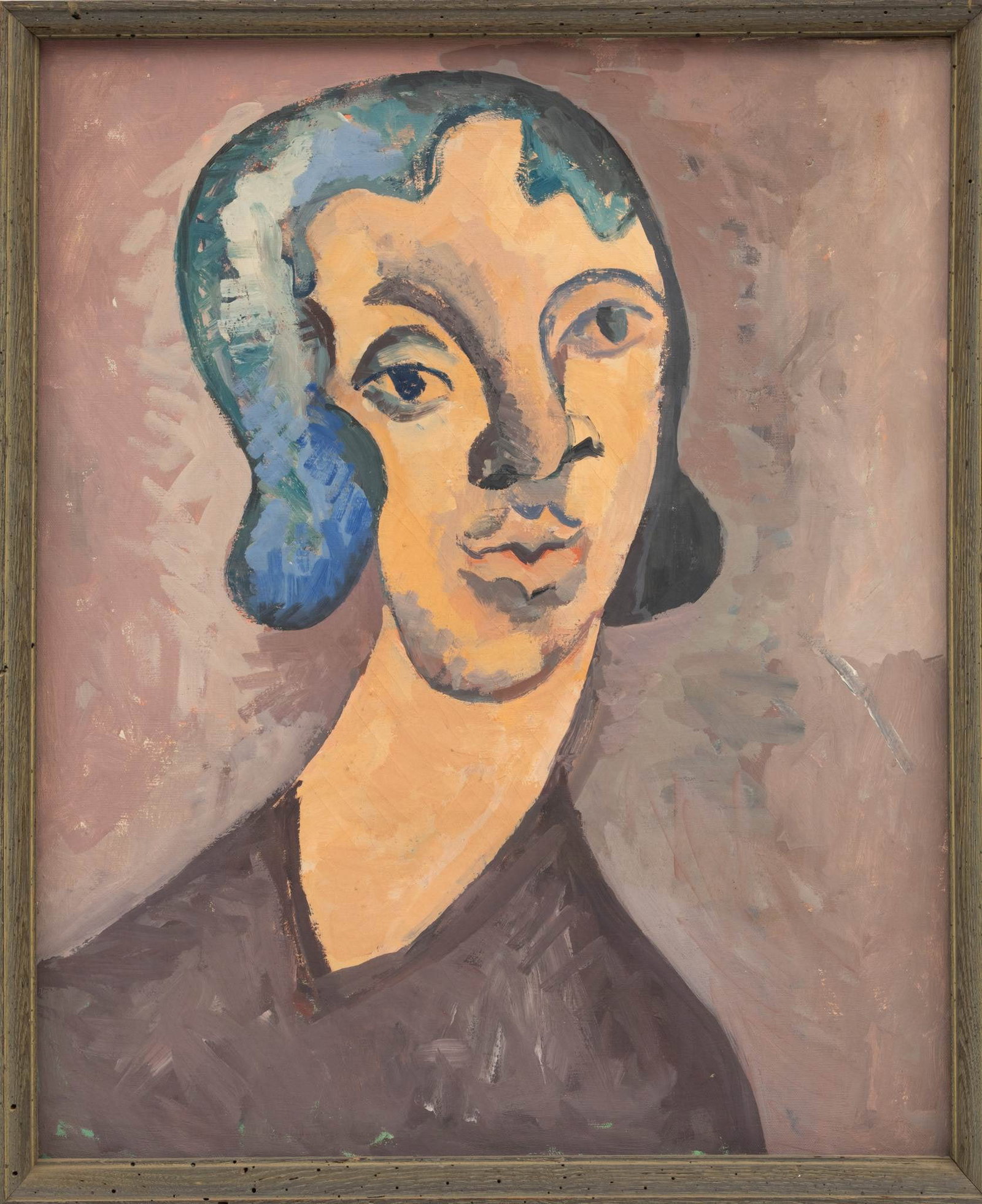 American, Cubist Style Oil on Canvas, Portrait of a Woman, Ca. 1970-80, H 24" W 20": American, Cubist Style Oil on Canvas, Portrait of a Woman, Ca. 1970-80, H 24" W 20" Unsigned. Portrait of a young woman painted in a cubist style. Having a carved wood frame. Provenance: Propert