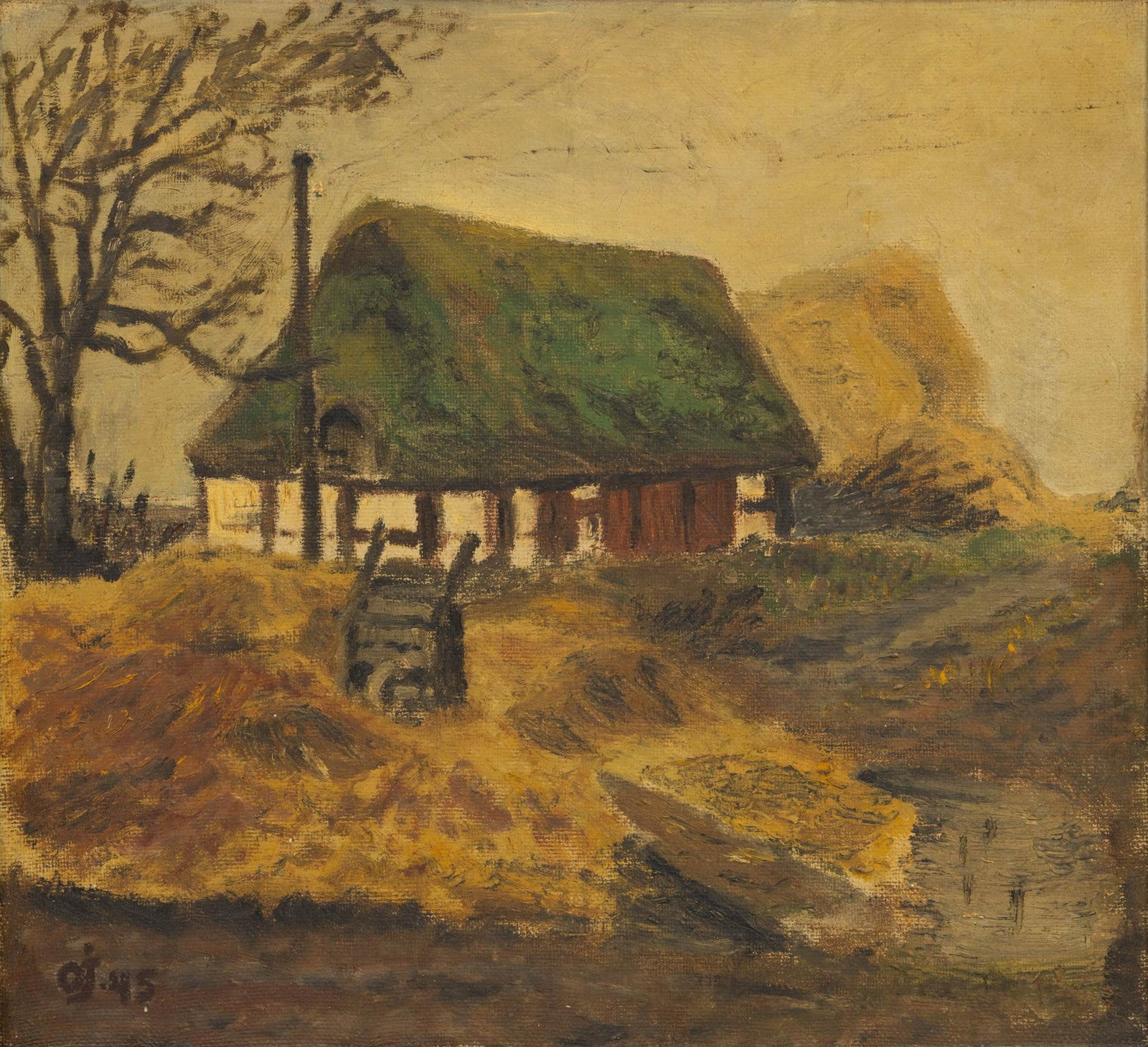 Orla Johansen (Danish, 20th C.) Oil on Canvas, 1945, 'Rural Landscape', H 18" W 19.5": Orla Johansen (Danish, 20th C.) Oil on Canvas, 1945, 'Rural Landscape', H 18" W 19.5" Monogrammed OJ and dated 45 lower left. Rural scene of a farmhouse with hay stacks surrounding and a central well.