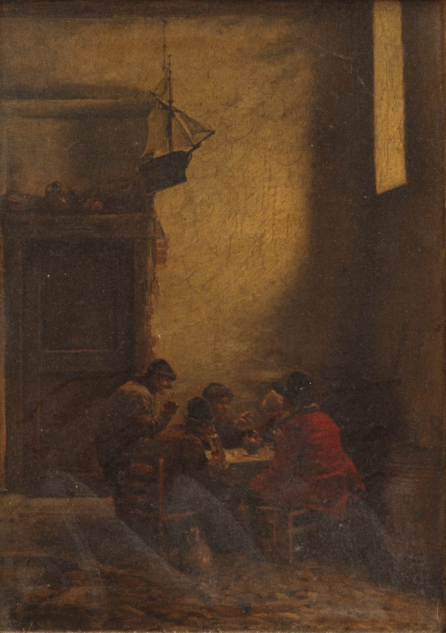 Dutch Oil on Canvas, Ca. 1900, 'Tavern Genre Scene', H 10.25" W 7.25": Dutch Oil on Canvas, Ca. 1900, 'Tavern Genre Scene', H 10.25" W 7.25" Unsigned. Depicting five gentlemen seated at a table in conversation. Smoking pipes and having a drink by the light of a window. H