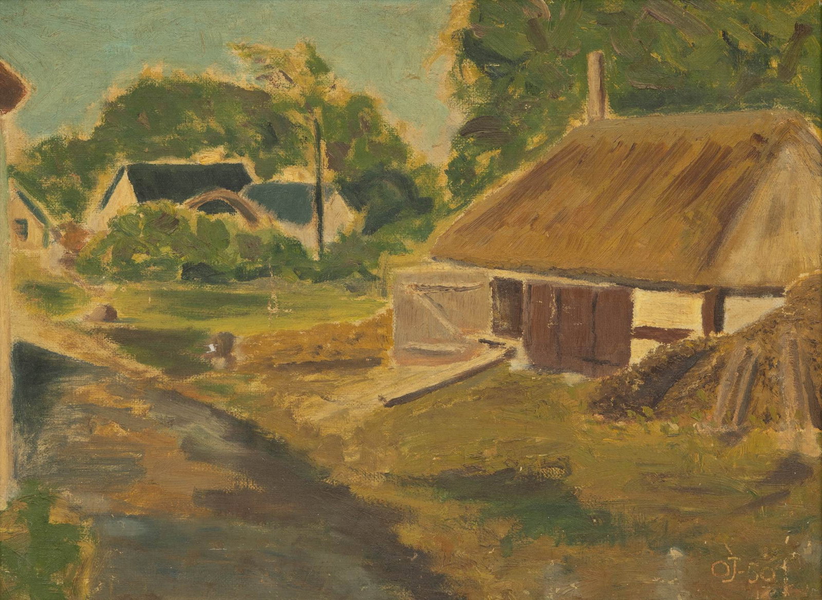 Orla Johansen (Danish, 20th C.) Oil on Canvasboard, 1950, 'Barn at Hjelmerupgård', H 18" W 24": Orla Johansen (Danish, 20th C.) Oil on Canvasboard, 1950, 'Barn at Hjelmerupgård', H 18" W 24" Monogrammed OJ and dated 50 lower right. Depicting a barn at the Hjelmerupgård estate,&nb