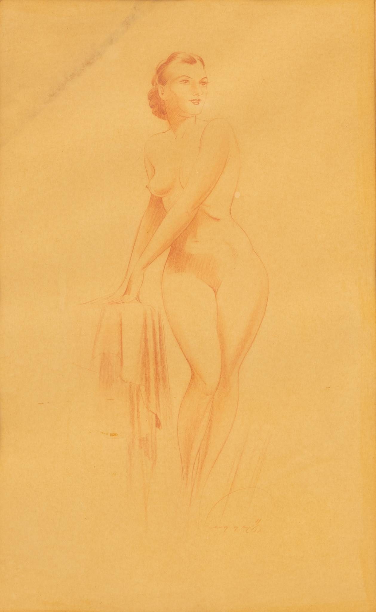 Conte Crayon Sketch on Paper, Study of the Female Figure, Mid 20th C., H 14" W 6": Conte Crayon Sketch on Paper, Study of the Female Figure, Mid 20th C., H 14" W 6" Illegibly signed lower right. Conte crayon sketch of a standing nude woman, hands upon a draped table. Matted and fram