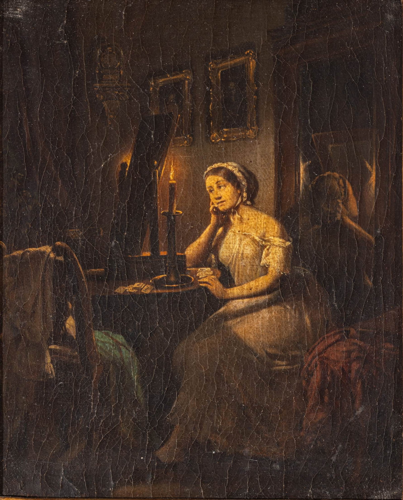 Artemij Grusdin (Latvian, 1825-1891) Oil on Canvas, 1863, 'Card Game by Candlelight', H 10.25" W: Artemij Grusdin (Latvian, 1825-1891) Oil on Canvas, 1863, 'Card Game by Candlelight', H 10.25" W 8.5" Signed and dated lower left. Interior genre scene of a young woman seated at a card table in the c